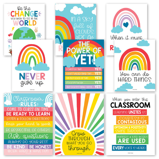 Hadley Designs Motivational Poster for Classroom Decor - 9 Growth Mindset Classroom Posters Elementary, Inspirational Wall Decor Middle School, Teacher Must Haves, Rainbow Bulletin Board Decorations