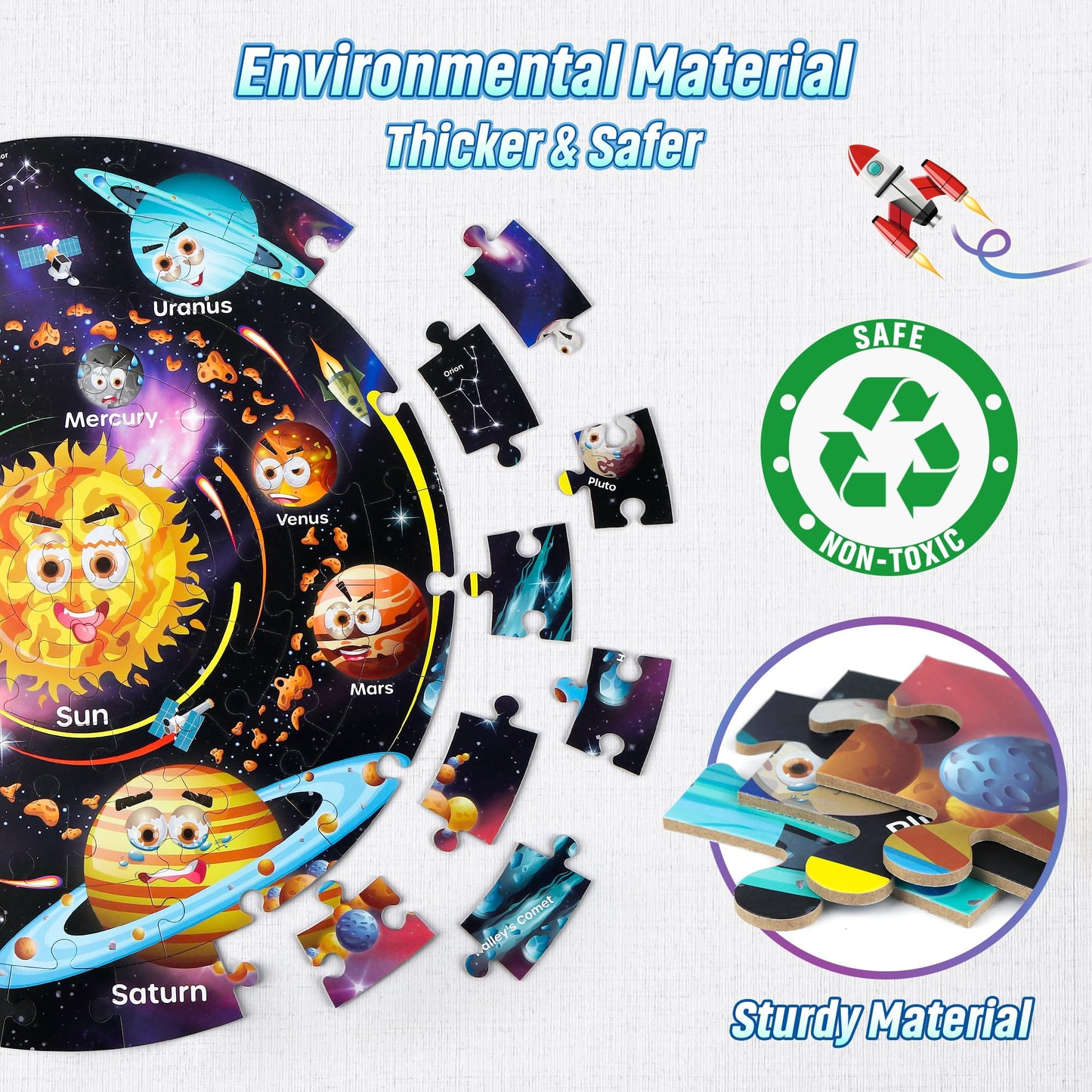 SYNARRY Solar System Floor Puzzles for Kids Ages 4-8, Large 70 Piece Jigsaw Puzzles for Kids Ages 4-6, Space Planet Astronaut Toys Puzzles, Preschool Learning Toys, Easter Basket Stuffers for Boy Girl