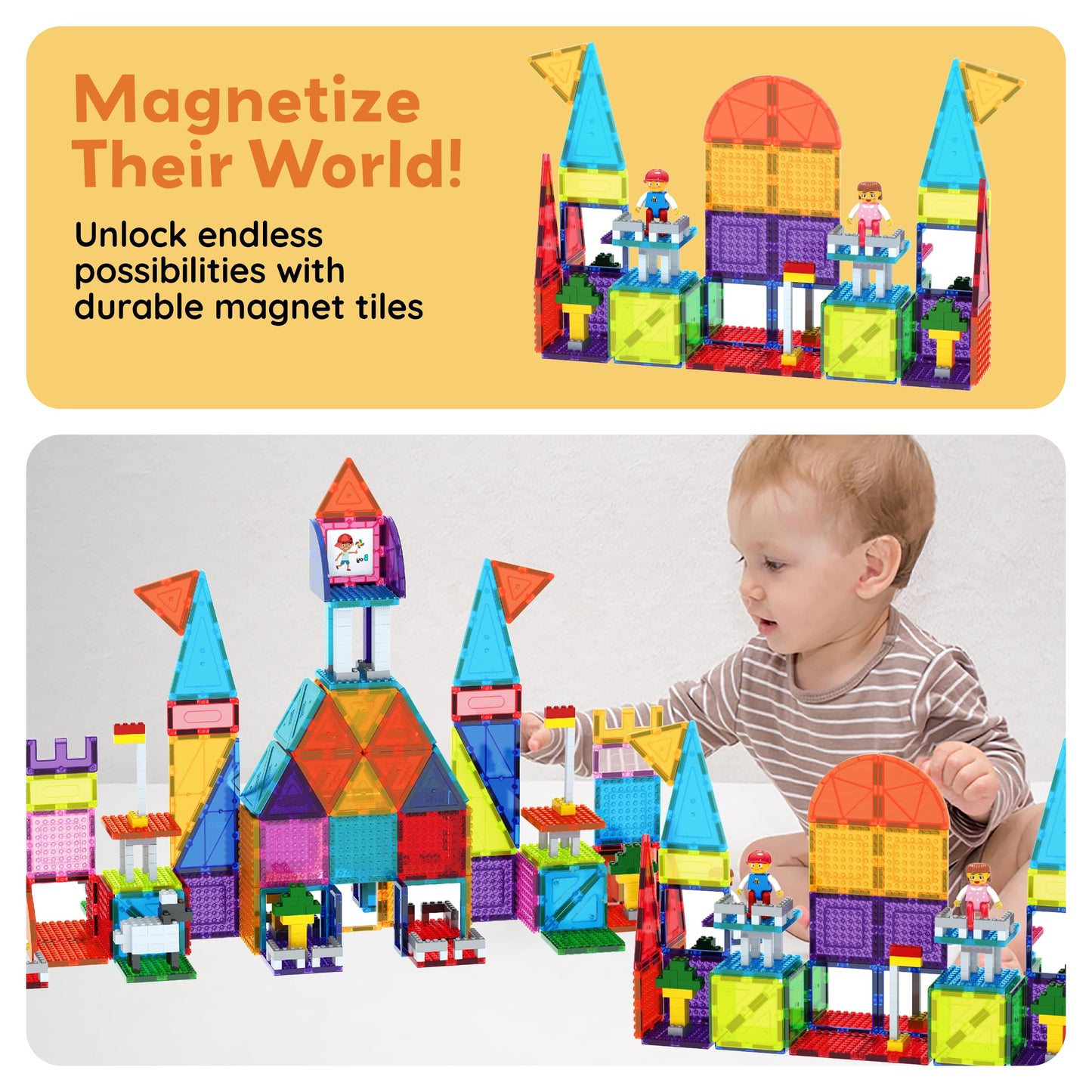 PicassoTiles 353pc Magnetic Brick and Magnet Tile Combo Set with Action Figures STEM Building Block Educational Construction Kit Preschool Classroom Toy Learning Activities for Kids Age 3 Plus PTL353