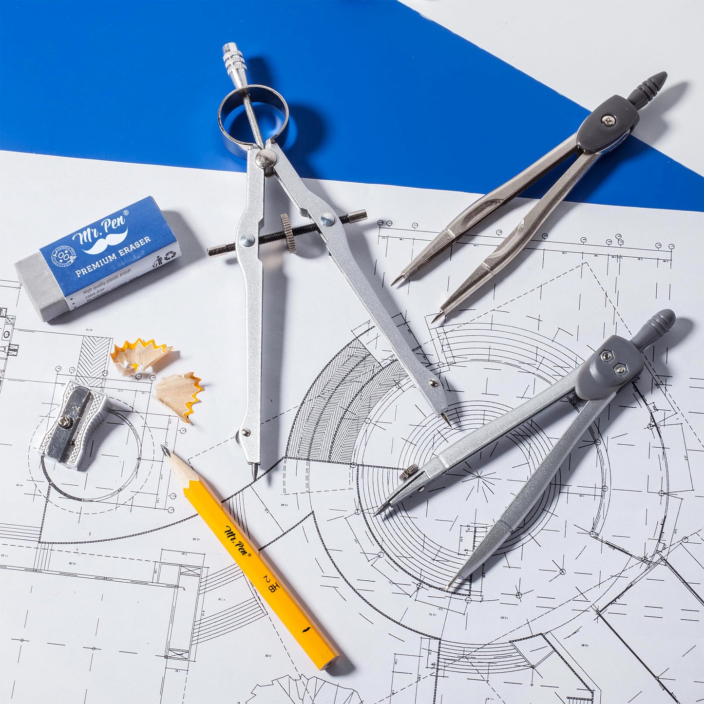 Mr. Pen Geometry Set with 6 Inch Swing Arm Protractor, Divider, Set Squares, Ruler, Compasses and Protractor, 15 Piece Set