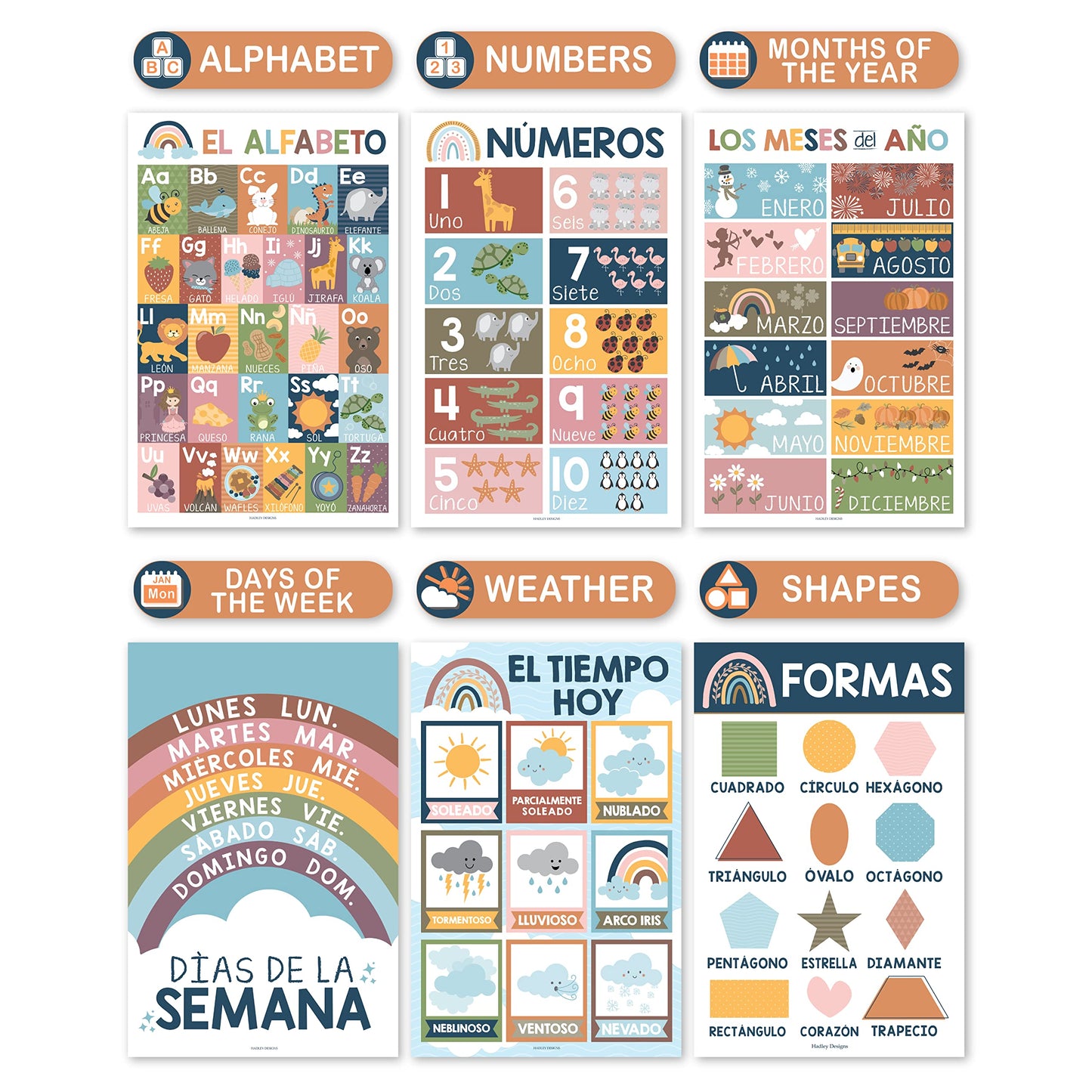 Hadley Designs Spanish Posters for Classroom - 12 Bilingual Educational Posters for Spanish Classroom Decorations Must Haves, Calendario y Alfabeto en Español Para la Pared, Boho Teacher Supplies