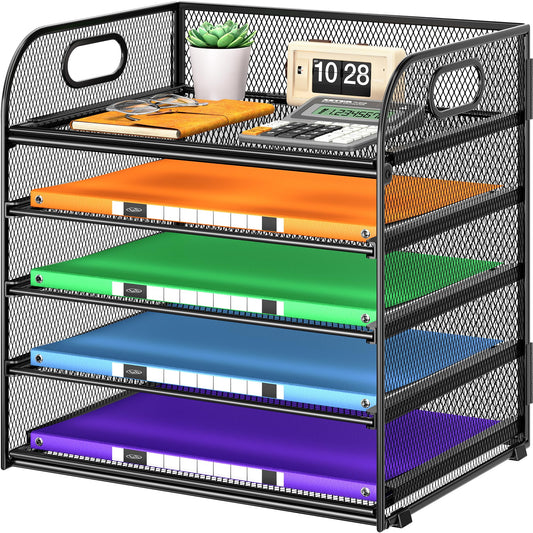 Cawukege 5 Tier Paper Organizer with Handle, Black Metal Mesh Desk Organizer File Folder Paper Letter Tray Desktop Document Sorter for Classroom, School, Office Accessories Organization and Storage