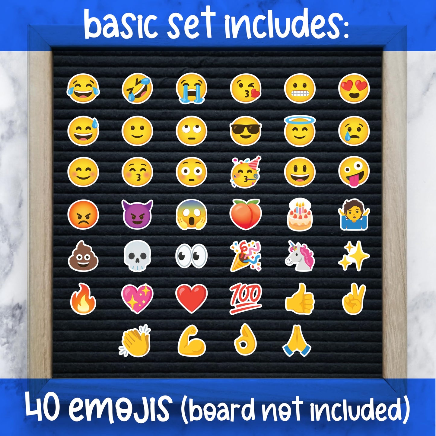 Letterboard Emoji Set, 40 Pieces, Pre-Cut, Full-Color Plastic, with Pegs for Felt Boards, Board Not Included