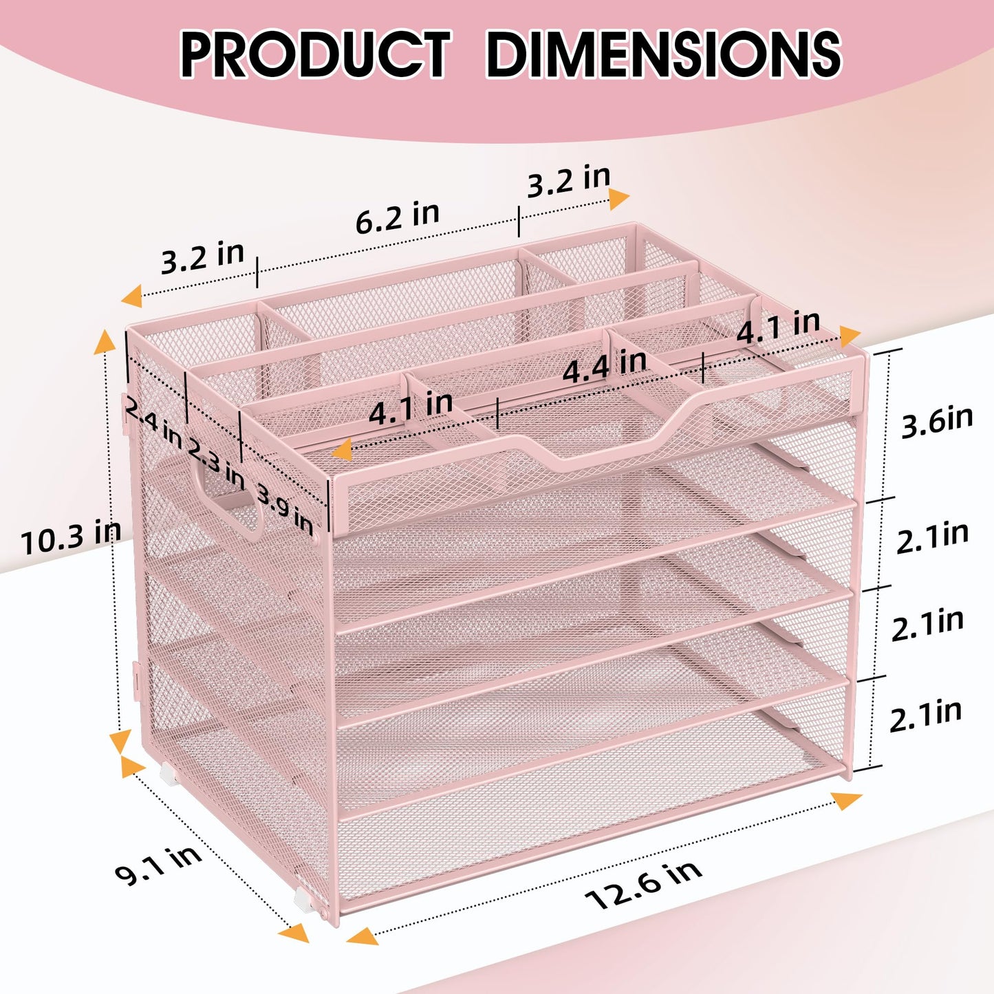 OrgMate 5 Tier Paper Letter Tray with 3 Drop-in Pen Holders, Mesh Desk File Organizer with Handle, Desk Organizers and Accessories for School,Home, Office Supplies Storage-Pink