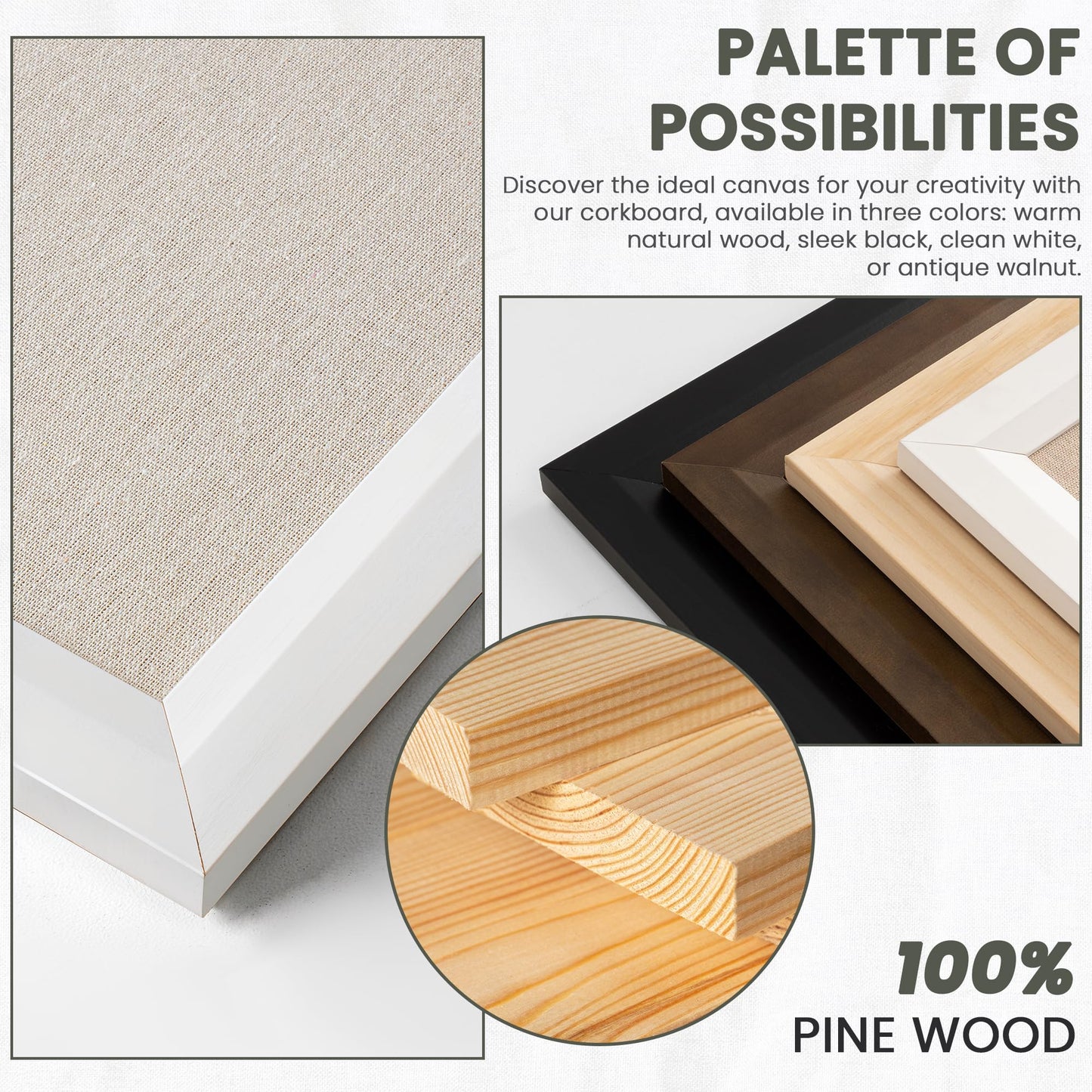 Bulletin Board Cork Board with Linen, 100% Wood Framed 18" x 24" Bulletin Board Decorations, Pin Boards for Walls, Wall Mounted Fabric Picture Board with 10 Pushpins for School, Home & Office, White