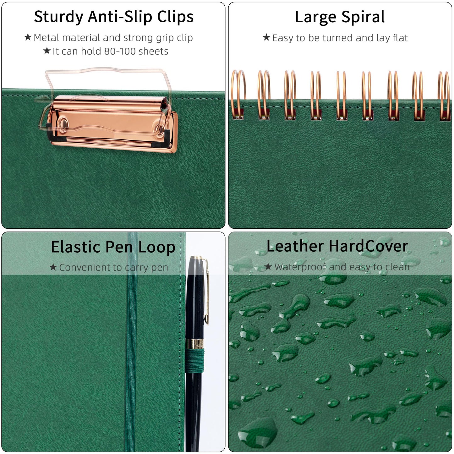 Ospelelf Leather Clipboard Folio with Notepad for Letter Size, Spiral Clipboard Folder with Storage Zipper Pouch, 5 Folders with 10 Pockets, 39 Divider Label Stickers, Pen Loop Series (Green)