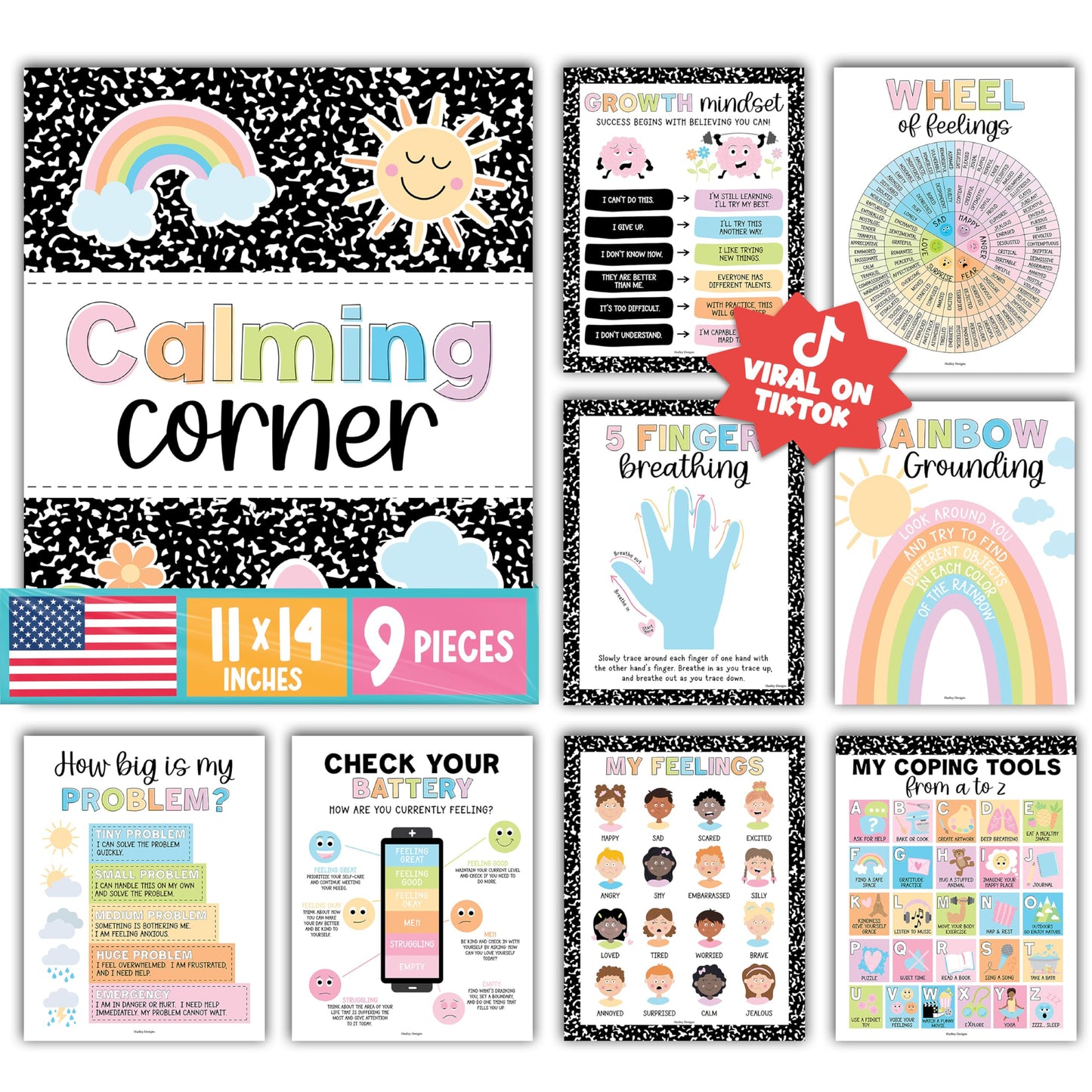 Hadley Designs 9 Calming Corner Posters for Classroom Must Haves - Calm Down Corner Supplies with Emotions Chart, School Counselor Mental Health Poster, Feelings Chart For Kids, Pastel Classroom Decor