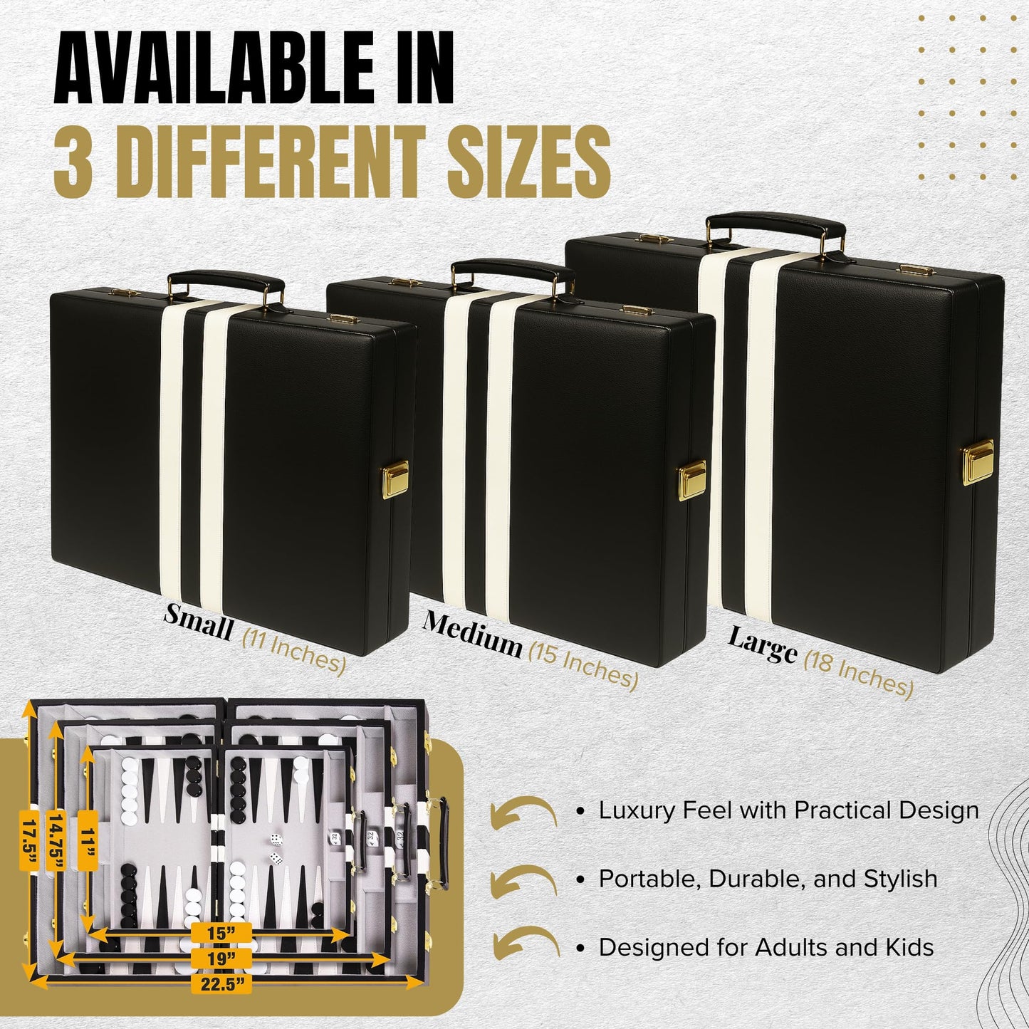 Crazy Games Premium 18 Inches Large Black - Backgammon Sets for Adults and Kids - Leatherette Back Gammon Board Game Set - Travel Backgammon Set Board Encased with Accessories