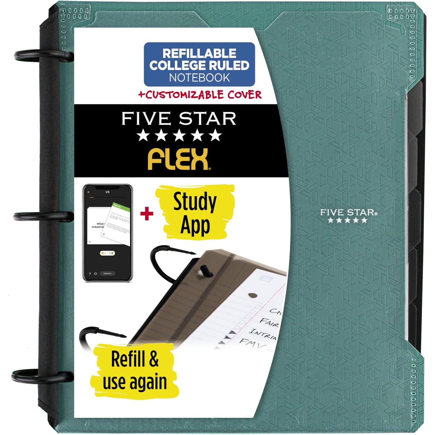 Five Star Flex Refillable Notebook + Study App, College Ruled Paper and 1 Inch TechLock Ring Binder with Customizable Cover, Pockets, Tabs and Dividers, 200 Sheet Capacity, Seaglass Green (29326AQ8)