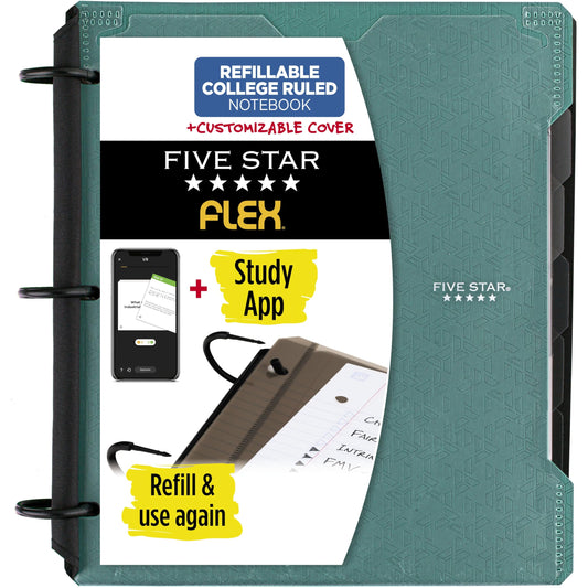 Five Star Flex Refillable Notebook + Study App, College Ruled Paper and 1 Inch TechLock Ring Binder with Customizable Cover, Pockets, Tabs and Dividers, 200 Sheet Capacity, Seaglass Green (29326AQ8)