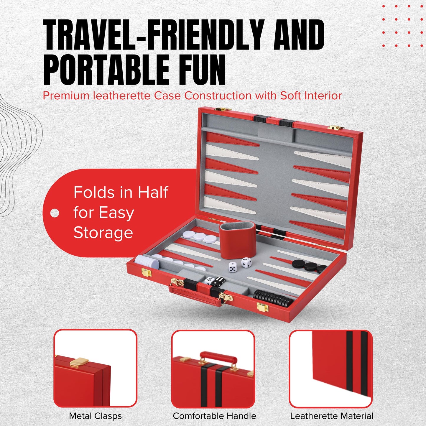 Premium Backgammon 18 Inches Large Red - Backgammon Sets for Adults and Kids - Leatherette Back Gammon Board Game Set - Travel Backgammon Set Board Encased with Accessories