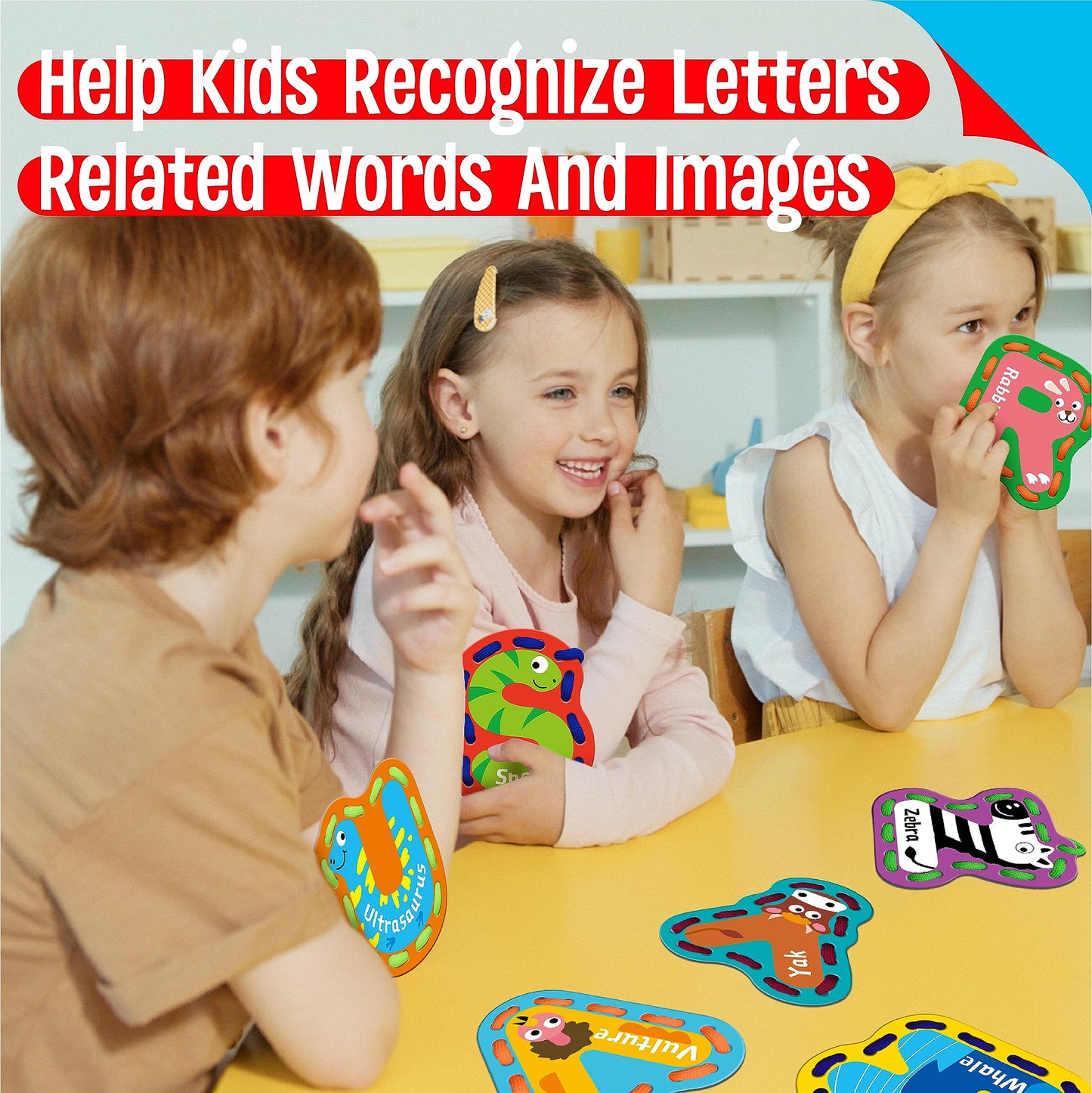 SpriteGru 26PCS Kids Lacing Cards, 26 Double Sided Uppercase Sewing Cards with 26 Colorful Laces, Imagination Development Lacing Toys Games for Children Educational and Learning Activity