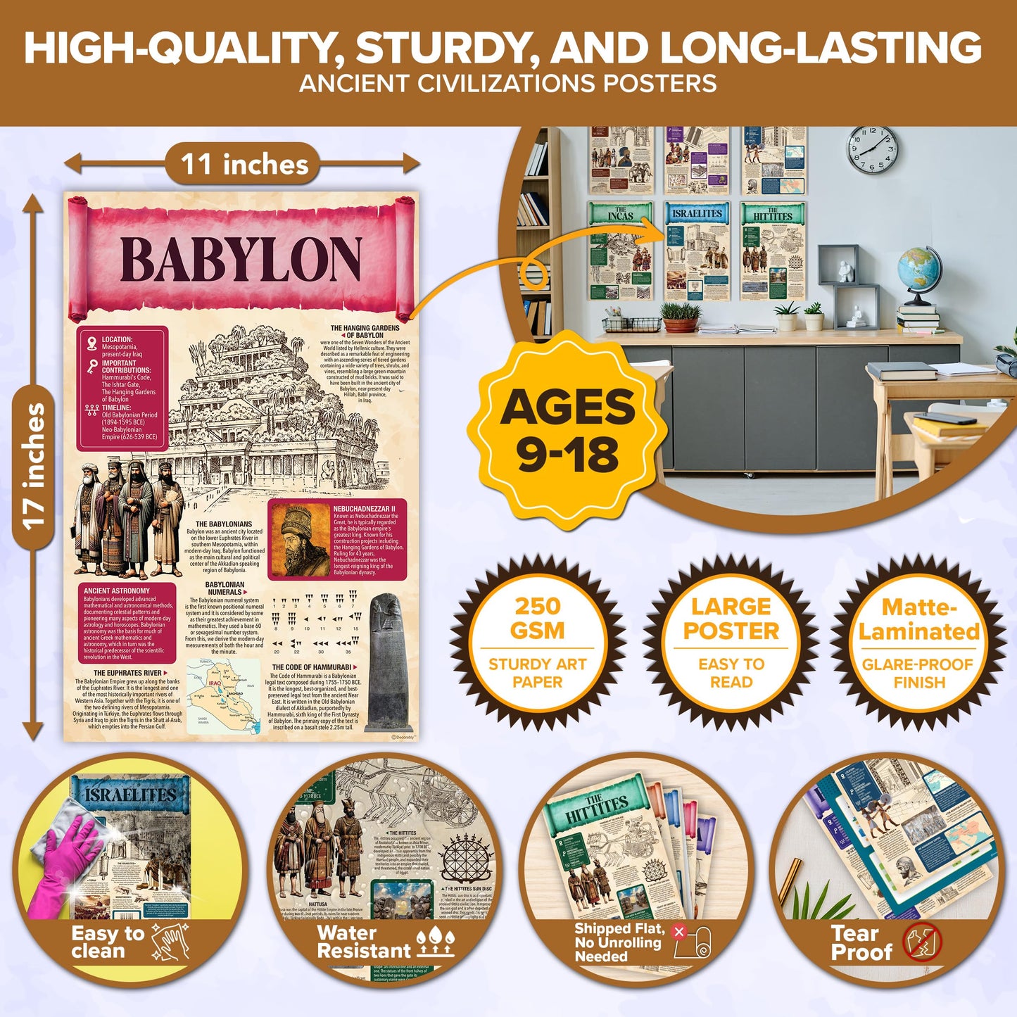 Decorably 15 Ancient Civilizations Posters for Classroom, 11x17in Educational, Matte-Laminated for School Hallways, Bulletin Boards, Home Study Room