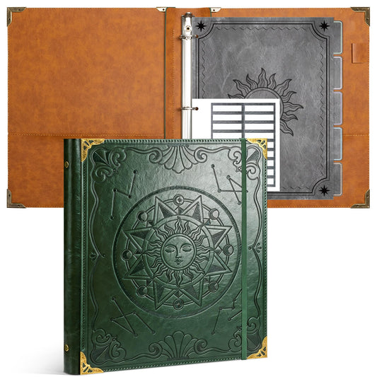 Ospelelf 3 Ring Binder 1 Inch Leather Vintage Hardcover Binder Dividers with Tabs for Letter Size 8.5"x11" Paper, Binder with Pockets for Photo Album, Document Organizer and Family History, Green Sun