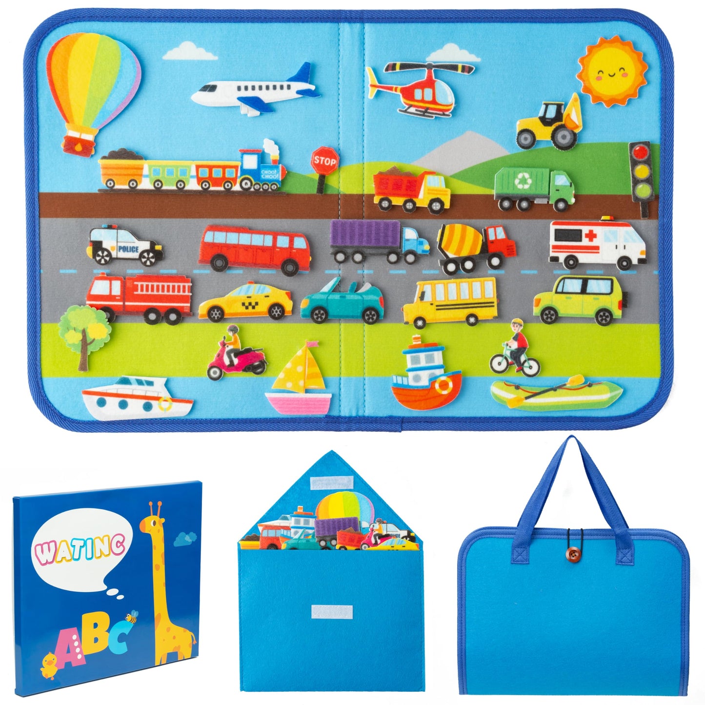 WATINC Travel Felt Board Story Set - 25PCS Portable Felt Board Educational Birthday Gift for Boys Girls, Themed Storytelling Preschool Early Learning Interactive Play Kit for Toddlers (Transportation)