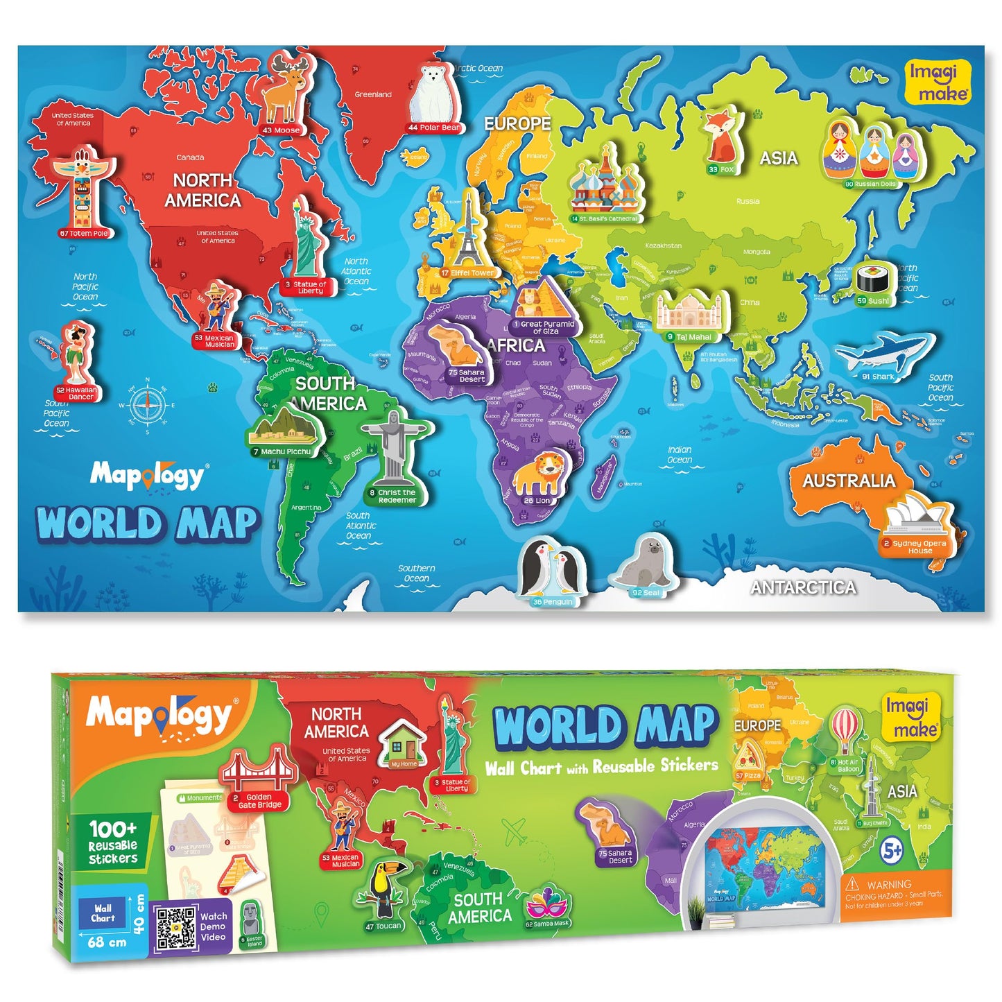 Imagimake Mapology USA Map with Reusable Stickers | 100+ Jelly Stickers | Geography Games & Learning Kids Toys Age 5-8 | Gifts for Boys & Girls Age 5,6,7,8,9,10,11,12 Years Old