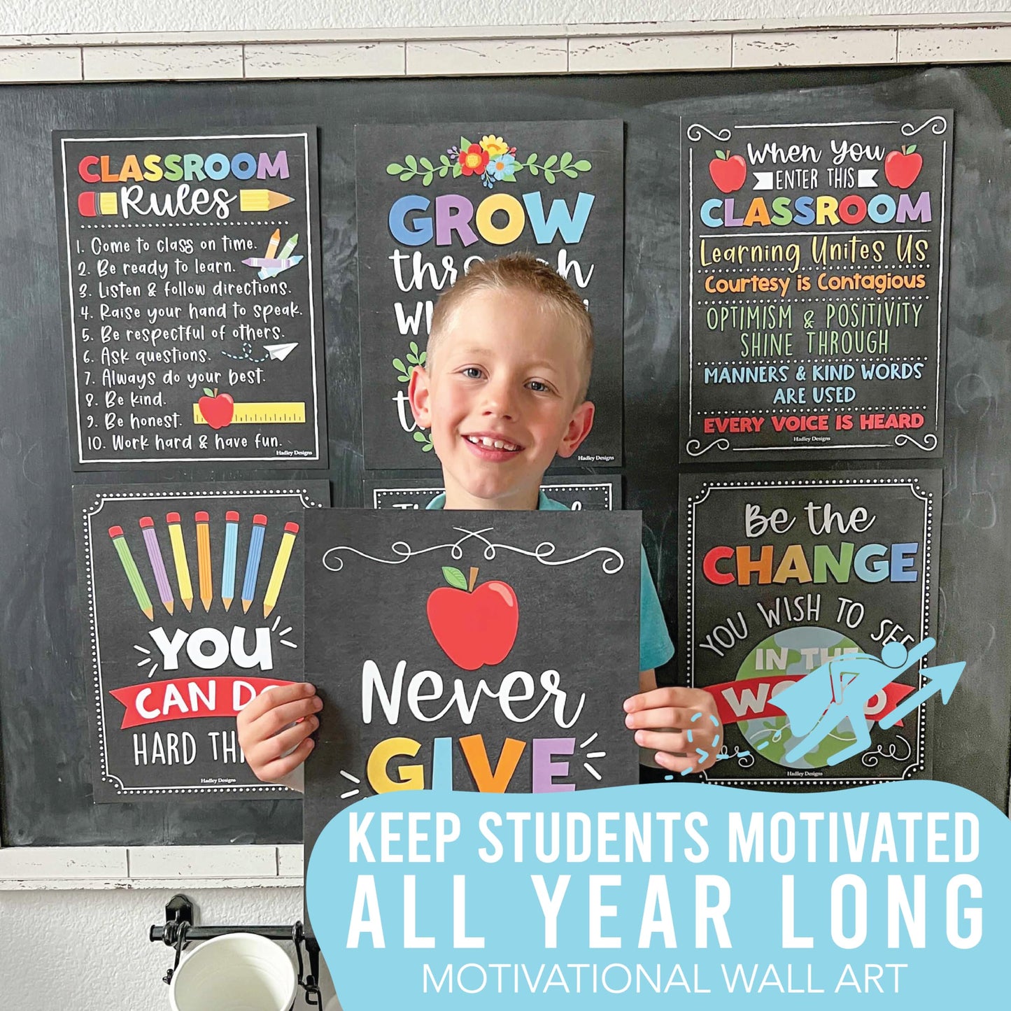 Hadley Designs Motivational Poster for Classroom Decor - 9 Growth Mindset Classroom Posters Elementary, Inspirational Wall Decor Middle School, Teacher Must Have, Chalkboard Bulletin Board Decorations