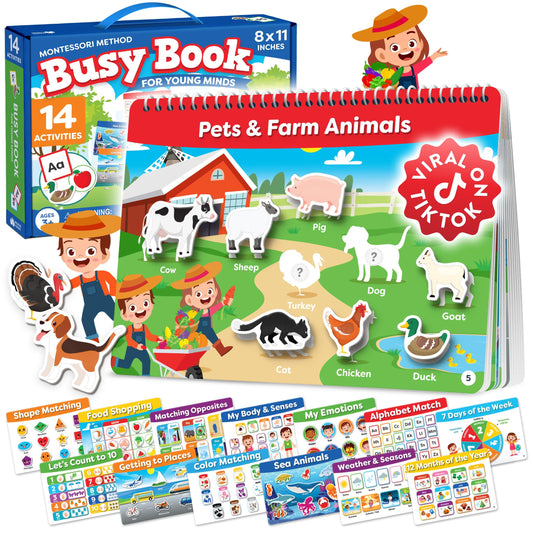Montessori Preschool Busy Book for Toddlers Ages 3 and Up - Preassembled - Preschool Learning Activities Montessori Educational Toys - Gifts for 3 Year Old Boys, Toddler Learning Toys Activities