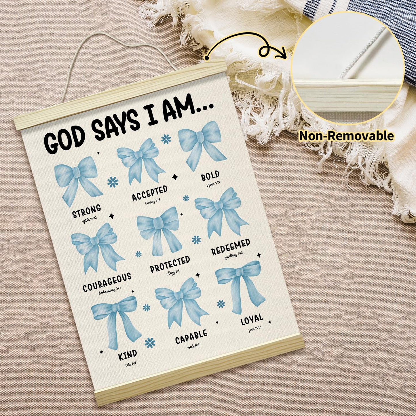 Christian Poster Hanger Frame-God Says I Am, Bule Bow Coquette Posters Canvas Wall Art for Women Girls Dorm Bedroom Decor, 12x16 Inches -028