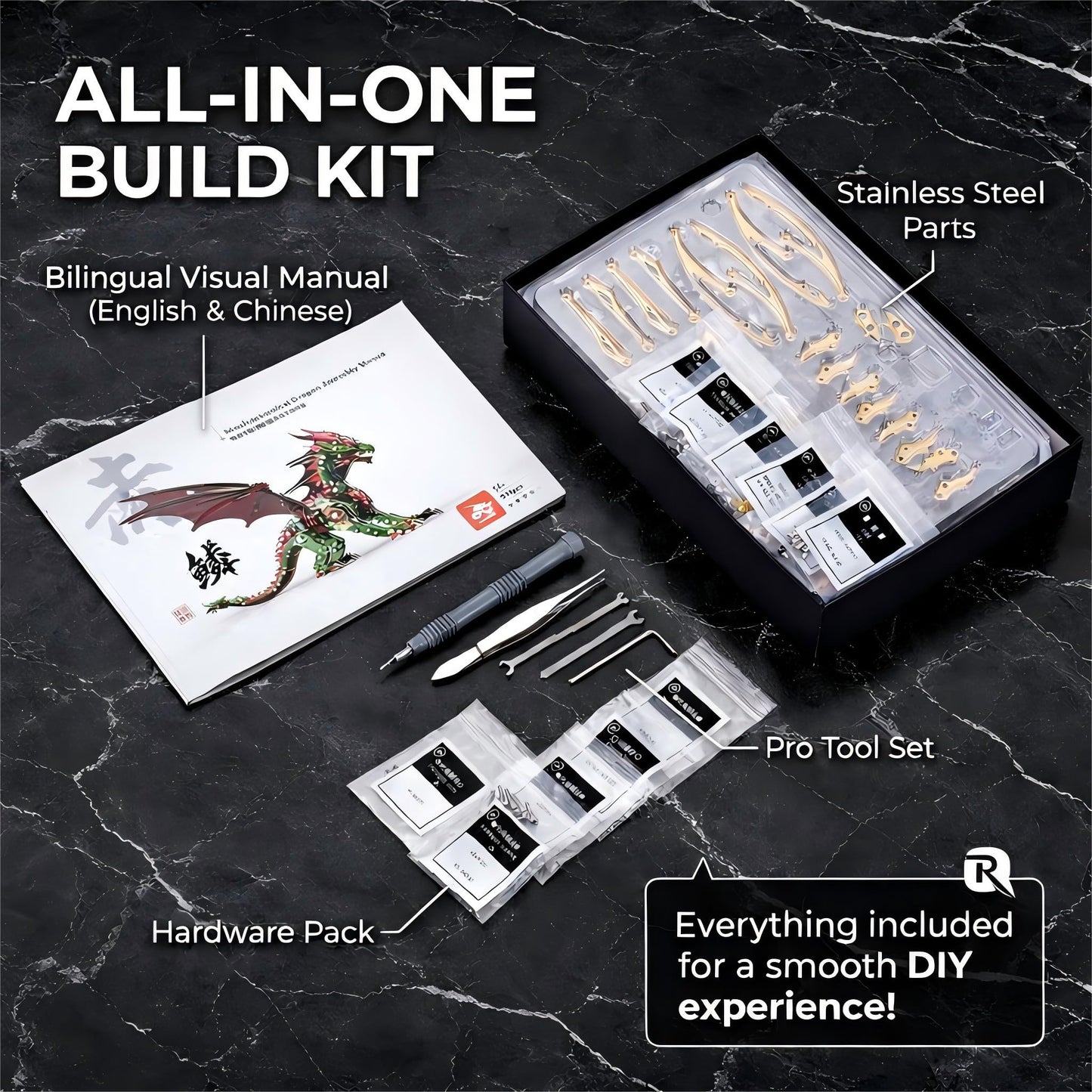 3D Metal Dragon Model Kit for Adults, Mechanical Pterosaur Puzzle, DIY Assembly Steel Model, Challenging Building Kit, Unique Gift for Men Desk Decor