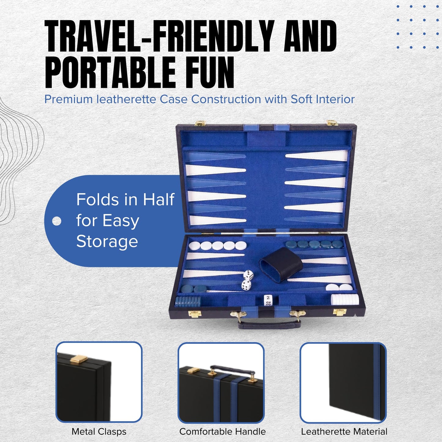 Premium Backgammon 18 Inches Large Blue - Backgammon Sets for Adults and Kids - Leatherette Back Gammon Board Game Set - Travel Backgammon Set Board Encased with Accessories