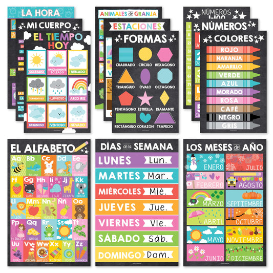 Hadley Designs Spanish Posters for Classroom - 12 Bilingual Educational Posters for Spanish Classroom Decorations Must Haves, Calendario y Alfabeto en Español Para la Pared, Colorful Teacher Supplies