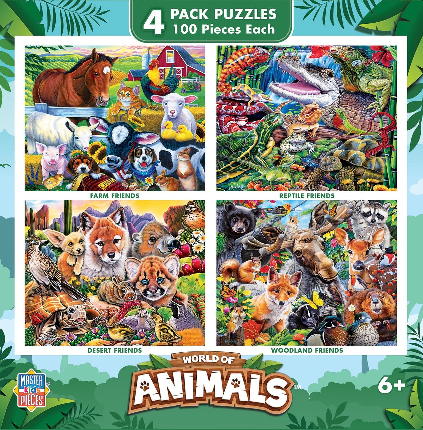MasterPieces – Jigsaw Puzzle Set for Kids 6+ Years, 4-Pack of 100 Pieces, Educational and Fun Game, World of Animals Collection V2, Gift Idea for Children, 8" x 10"