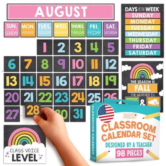 Hadley Designs Classroom Calendar Set Bulletin Board Decorations - Chalkboard School Calendar for Classroom Decor, Kindergarten Preschool Elementary Teacher Must Haves, Homeschool & Daycare Essentials