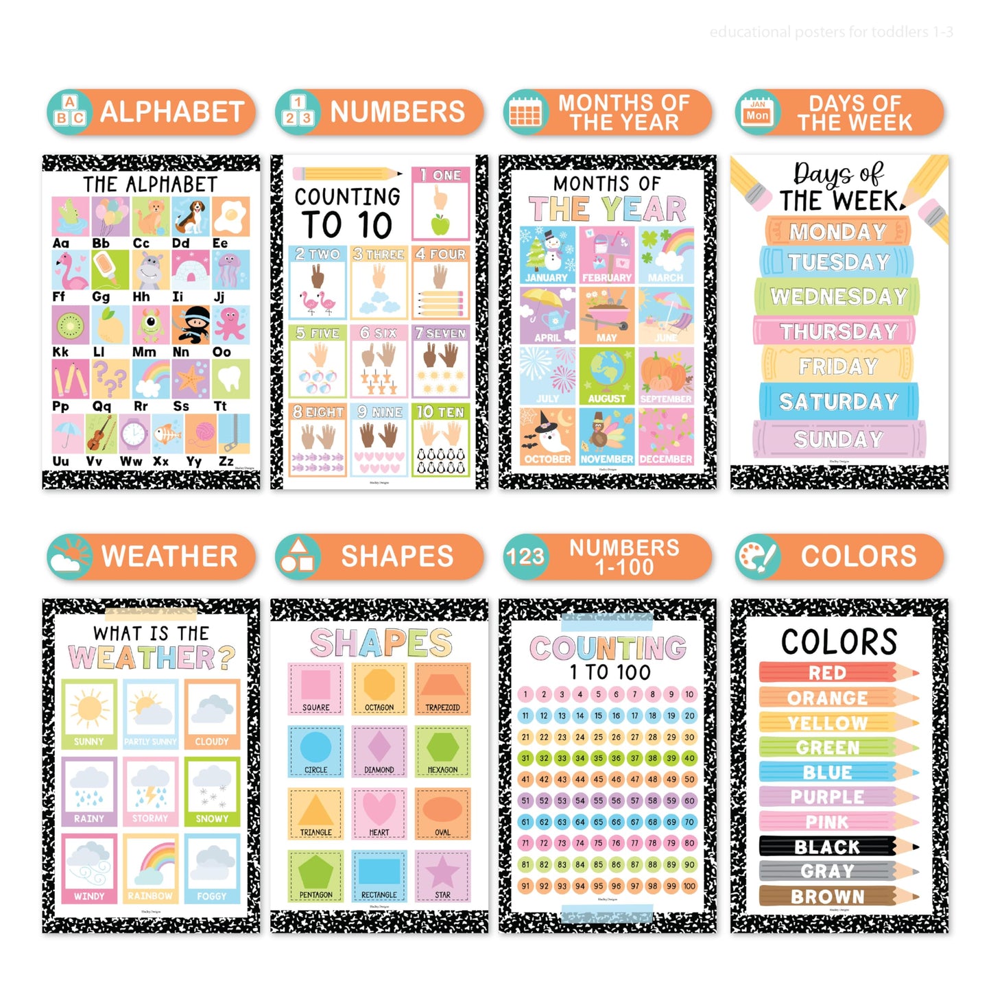 Hadley Designs 16 Educational Posters for Classroom Must Haves - Laminated Pre-K Posters for Toddler Homeschool Essentials, Toddler & Preschool Learning Activities, Kindergarten Classroom Decor