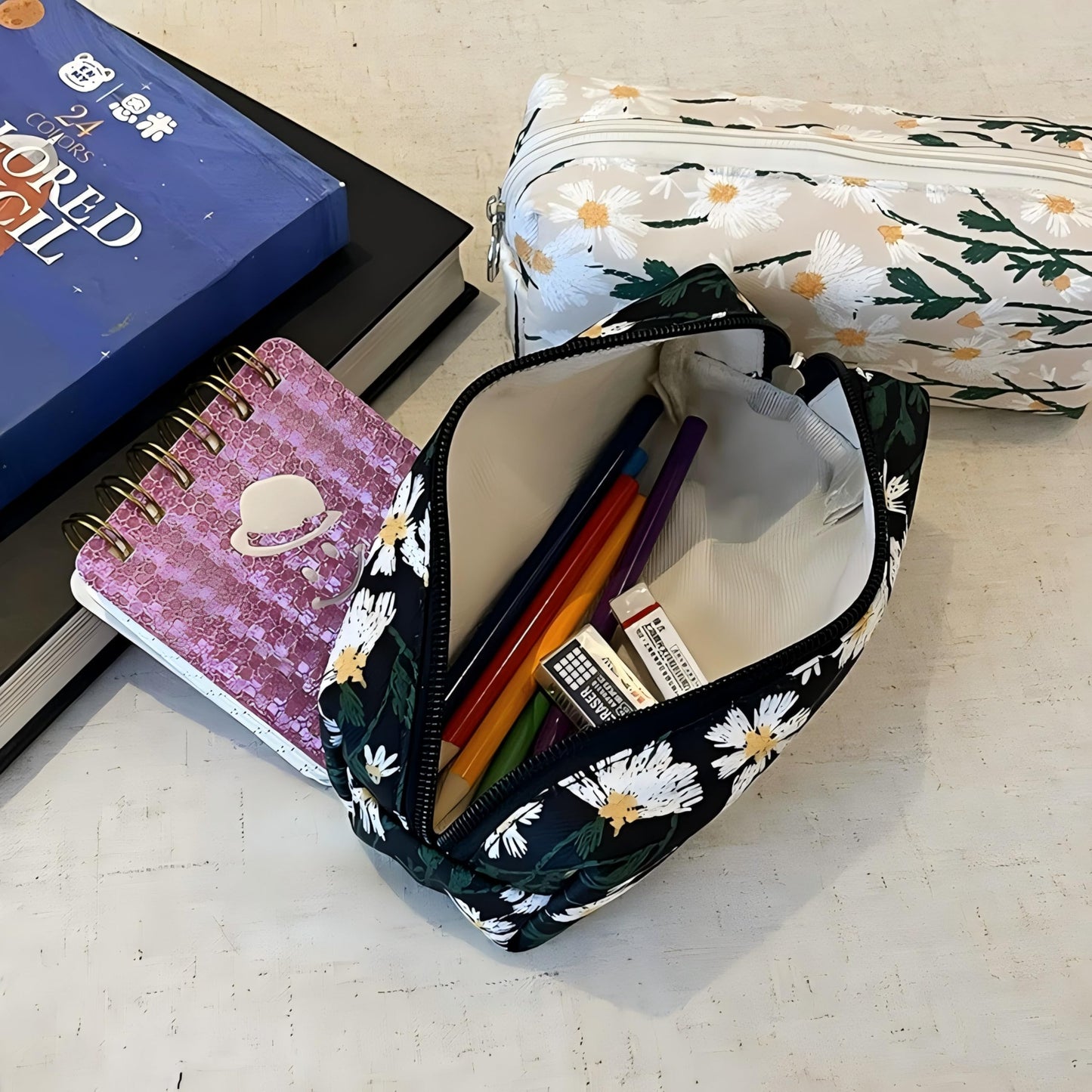 OZAOZ Cute Pencil Case Aesthetic Student Pencil Pouch Coin Pen Pouch Cosmetic Bag Office Stationery Organizer For Kids Teen School (Flowers-L)