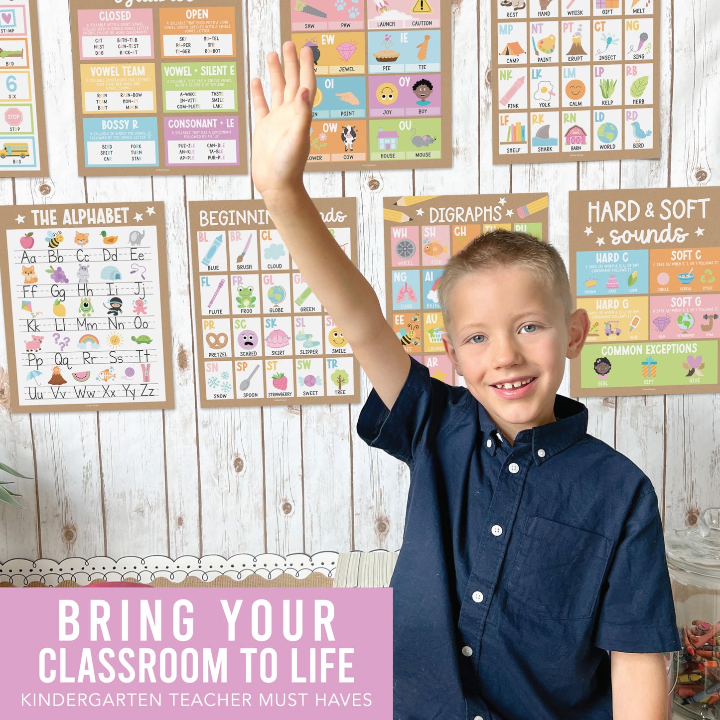 Hadley Designs Phonics Posters for Classroom Must Haves - 9 Sound Wall for Kindergarten & Elementary Teacher Supplies, Syllable, Vowels, Digraphs & Blends Bulletin Board Set, Kraft Classrom Decor
