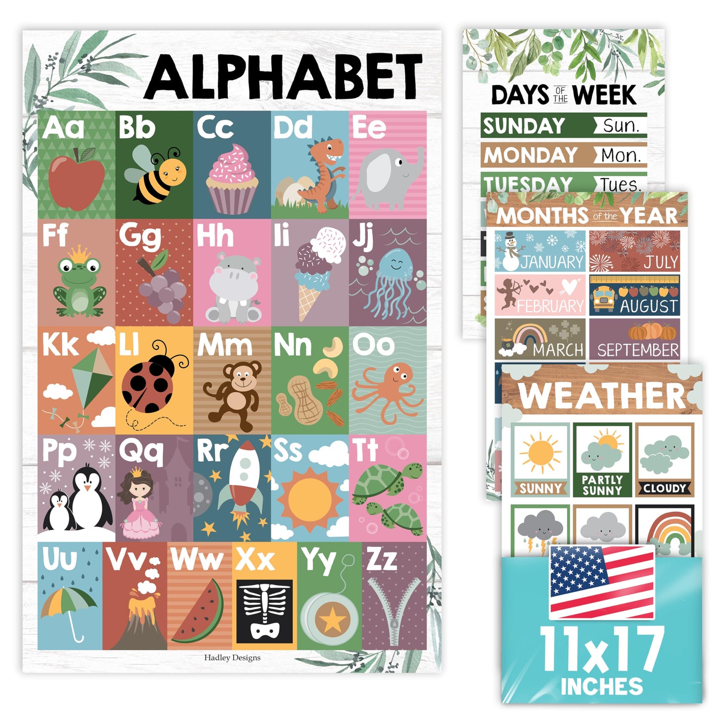 4 Farmhouse Kids Educational Posters For Toddlers,Alphabet Poster For Toddlers, Days Of The Week For Kids, Months Of The Year For Classroom Decorations For Teachers, Kindergarten Homeschool Supplies…