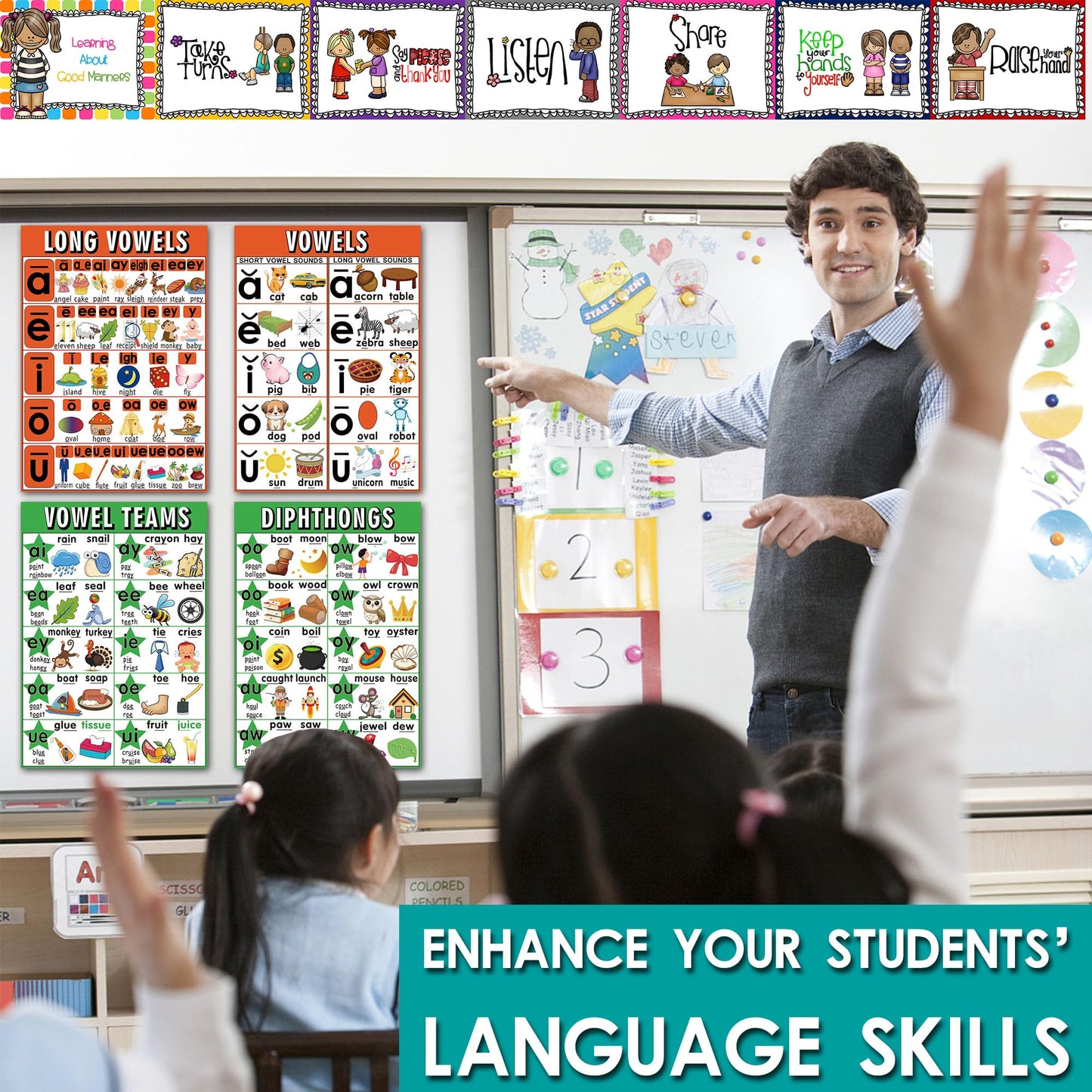 16 English Phonics Posters Language Arts Charts for Kids Toddler Learning Vowels Posters, Phonics Poster for Classroom, Digraphs and Blends Poster, Sound Wall Phonics Chart, Boho Classroom