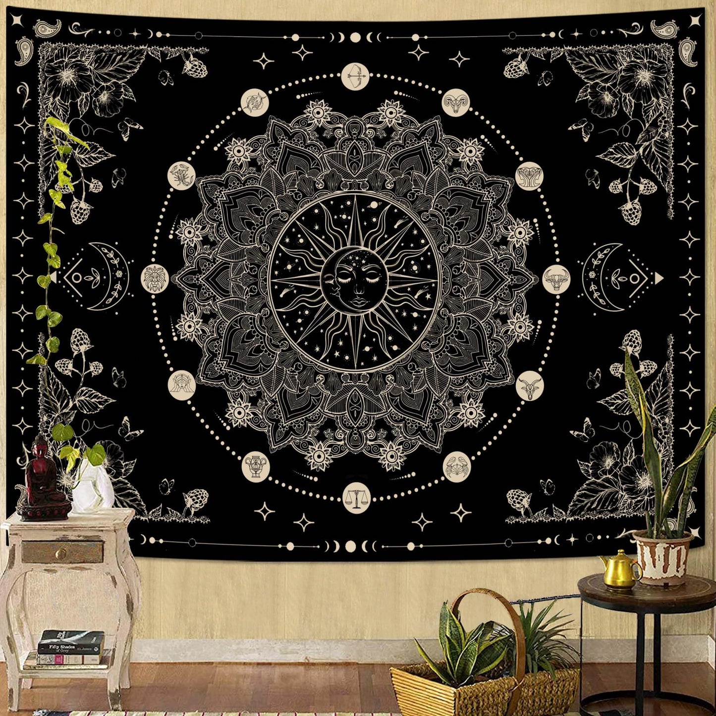 Lunerfex Sun and Moon Mandala Tapestry Boho Tapestry for Bedroom Black and White Tapestries Wall Hanging Living Room Wall Art and Home Decor 70x90