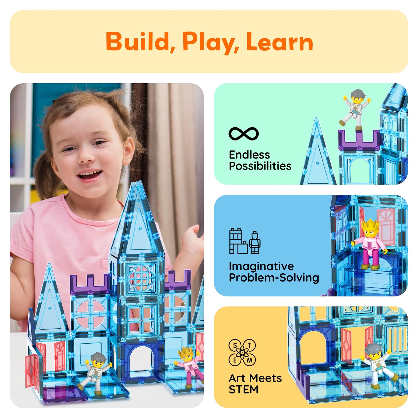PicassoTiles 72 Piece Magnetic Building Tiles Castle Winter Ice Theme Construction Magnet Block Set with Princess Prince Character Stairs Windows Doors STEM Learning Educational Toy Kids Ages 3+ PT72