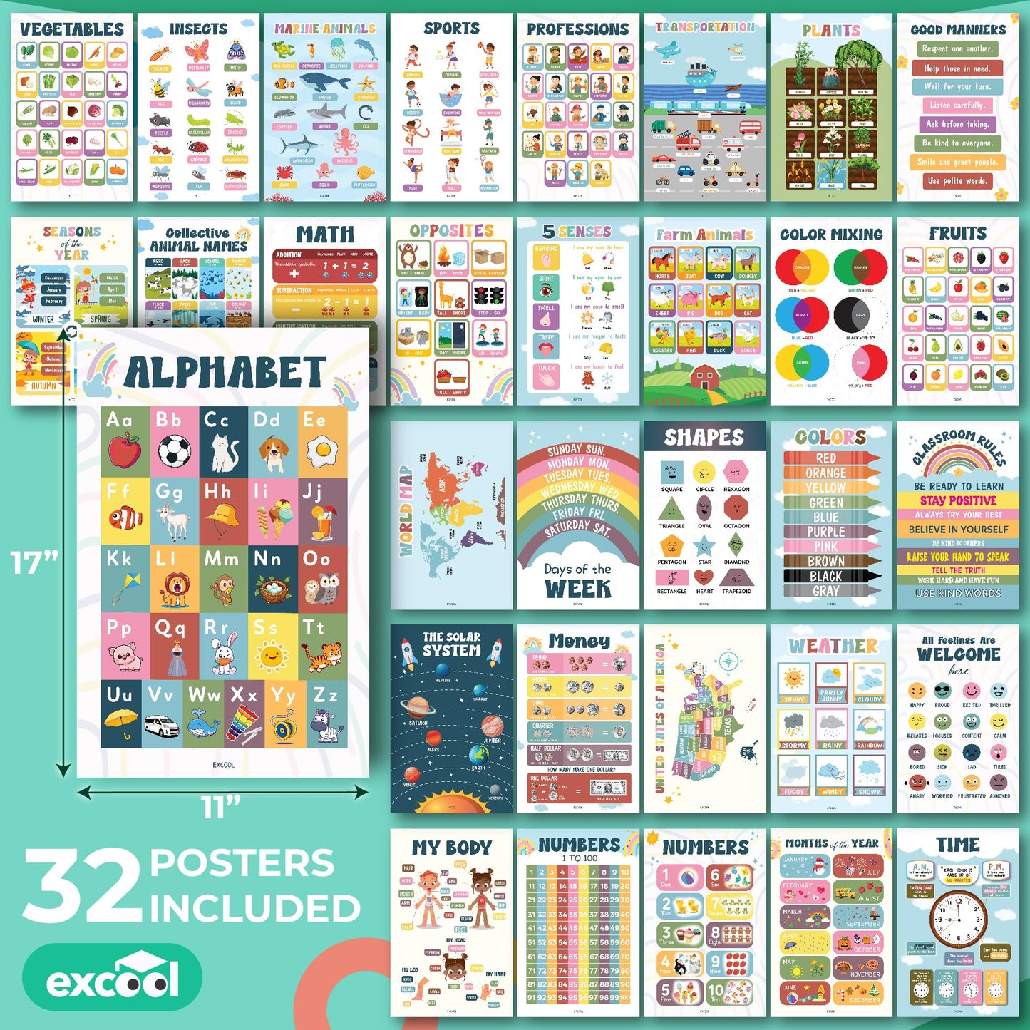 EXCOOL CLUB 32 Boho Educational Posters For Toddlers 1-3, Toddler Learning Posters For Kids Ages 3-5, Kindergarten Classroom Must Haves, Laminated Abc Number Chart Prek Classroom Decor Preschool