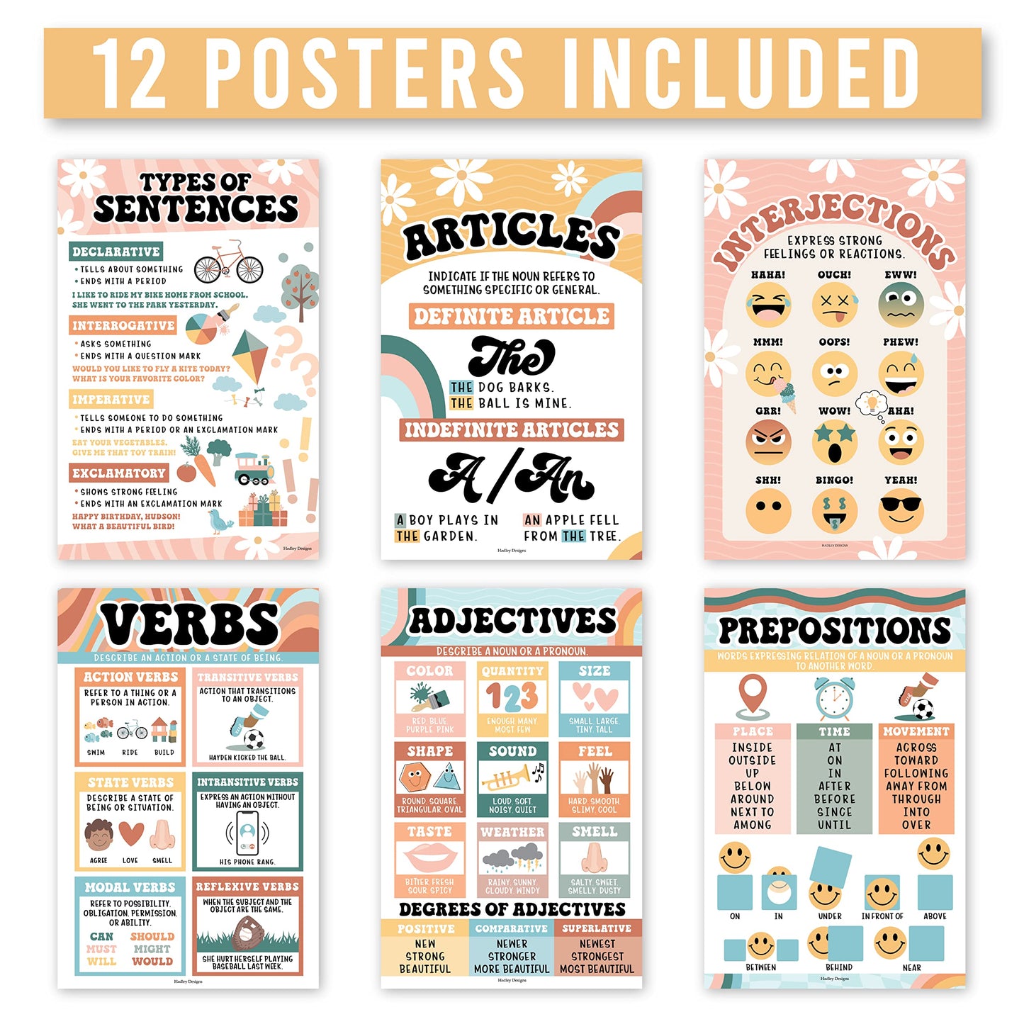 Parts of Speech Posters for Classroom Must Haves - 12 Grammar Posters, Writing Process for Homeschool, Elementary & Middle School, ELA 3rd 4th & 5th Grade Teacher Must Haves, Retro Classroom Decor