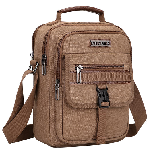 WITZMAN Crossbody Bag for Men Canvas Messenger Bags Vintage Man Purse Small Casual Shoulder Bag for Work Traveling（A8014 Classic Brown）