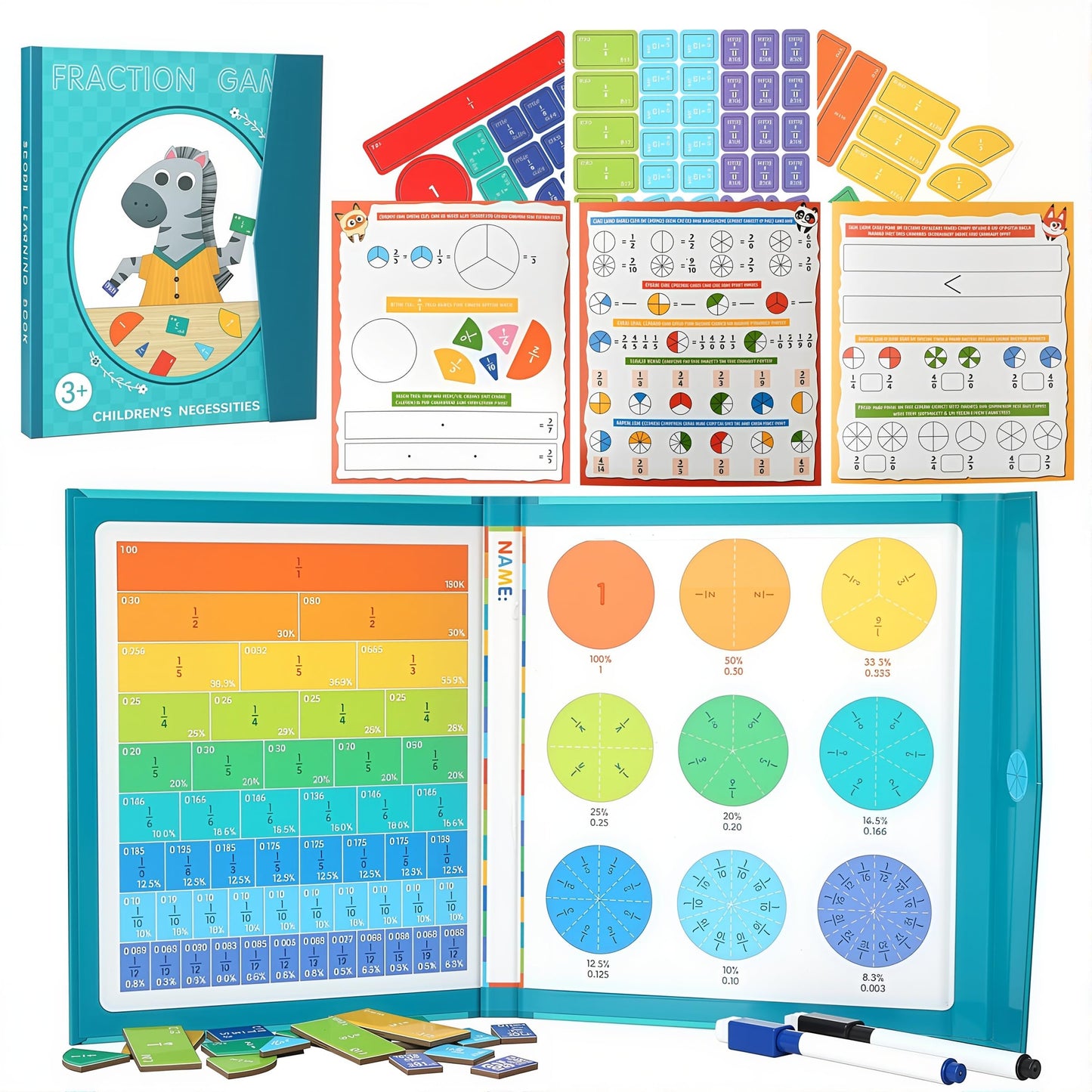 KAK Magnetic Fraction Demonstration Book for Kids, 51 Pcs Montessori Math Manipulatives with Fraction Tiles & Circles, STEM Learning Toys for Elementary School, Homeschool Supplies (Grades K-5)