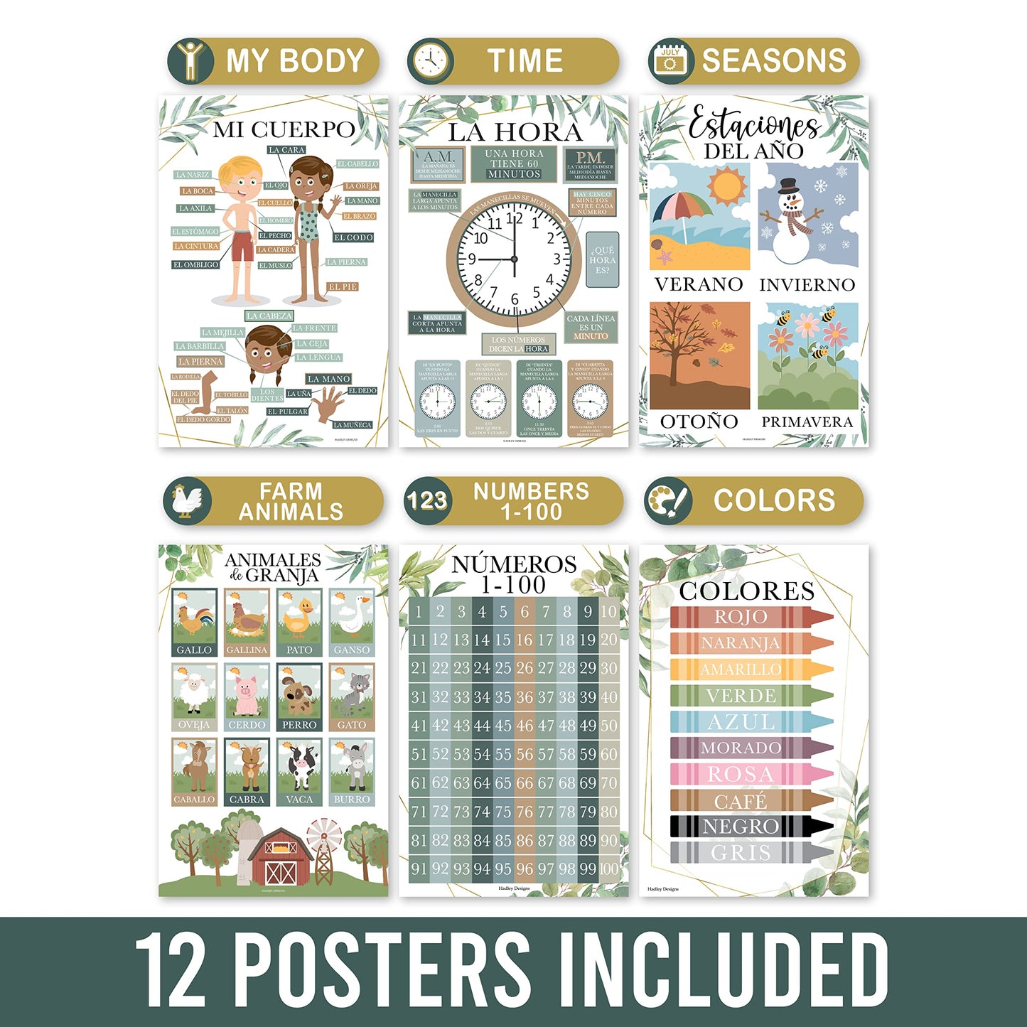 Hadley Designs Spanish Posters for Classroom - 12 Bilingual Educational Posters for Spanish Classroom Decorations Must Haves, Calendario y Alfabeto en Español Para la Pared, Greenery Teacher Supplies