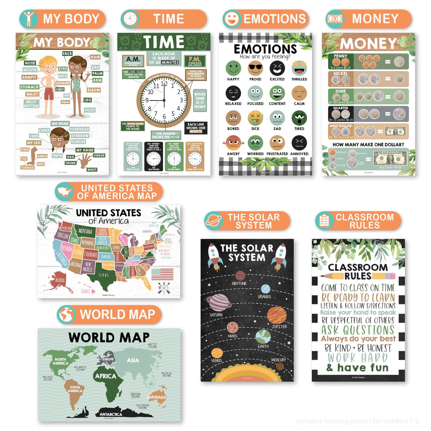 Hadley Designs 16 Educational Posters for Classroom Must Haves - Laminated Pre-K Posters for Toddler Homeschool Essentials, Toddler & Preschool Learning Activities, Kindergarten Classroom Decor
