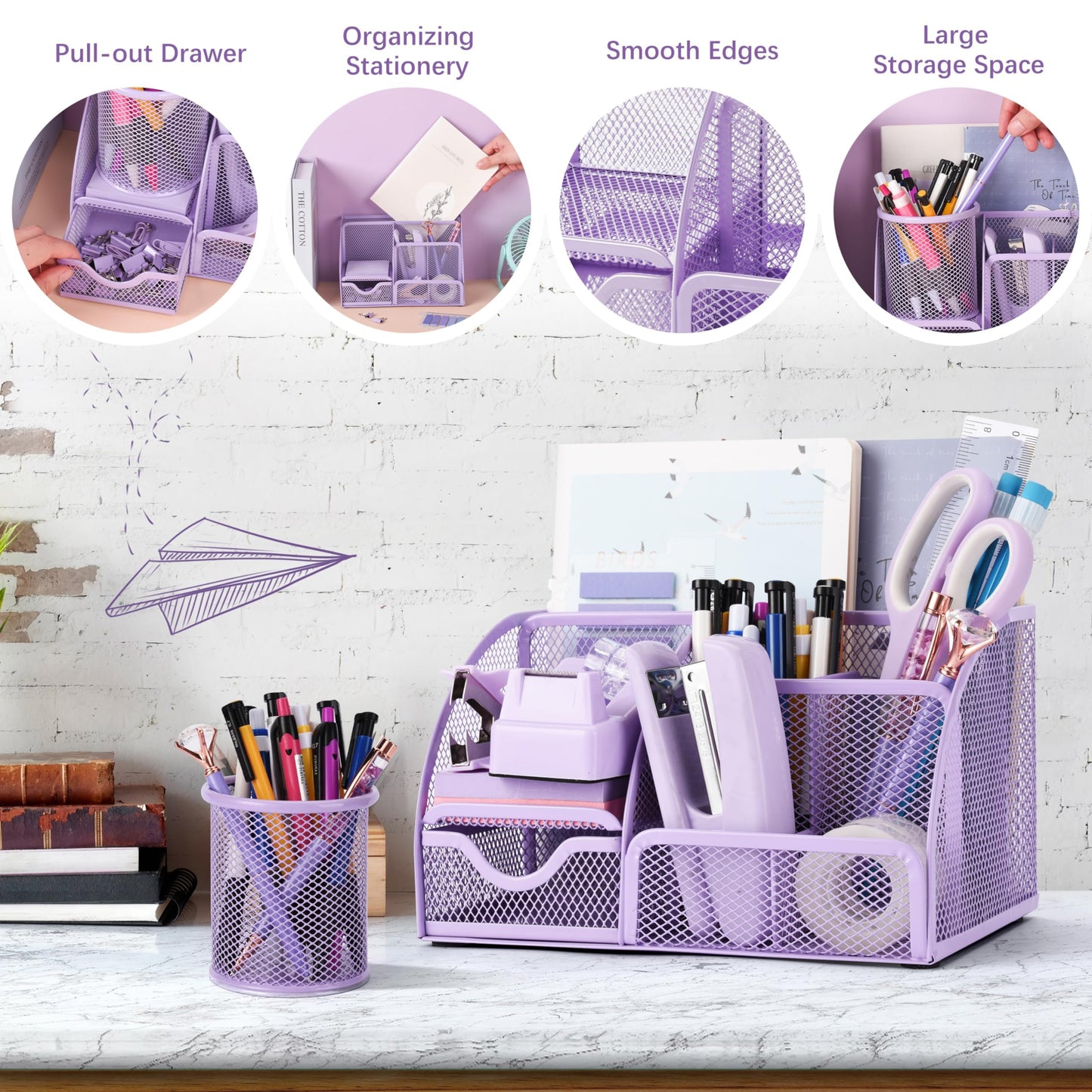 15 Pcs Purple Office Supplies Set Mesh Desk Organizer Accessories Kit Include Stapler Tape Dispenser Staple Remover Clips Ruler Scissors Sticky Notes for Office School Home Women (Purple)
