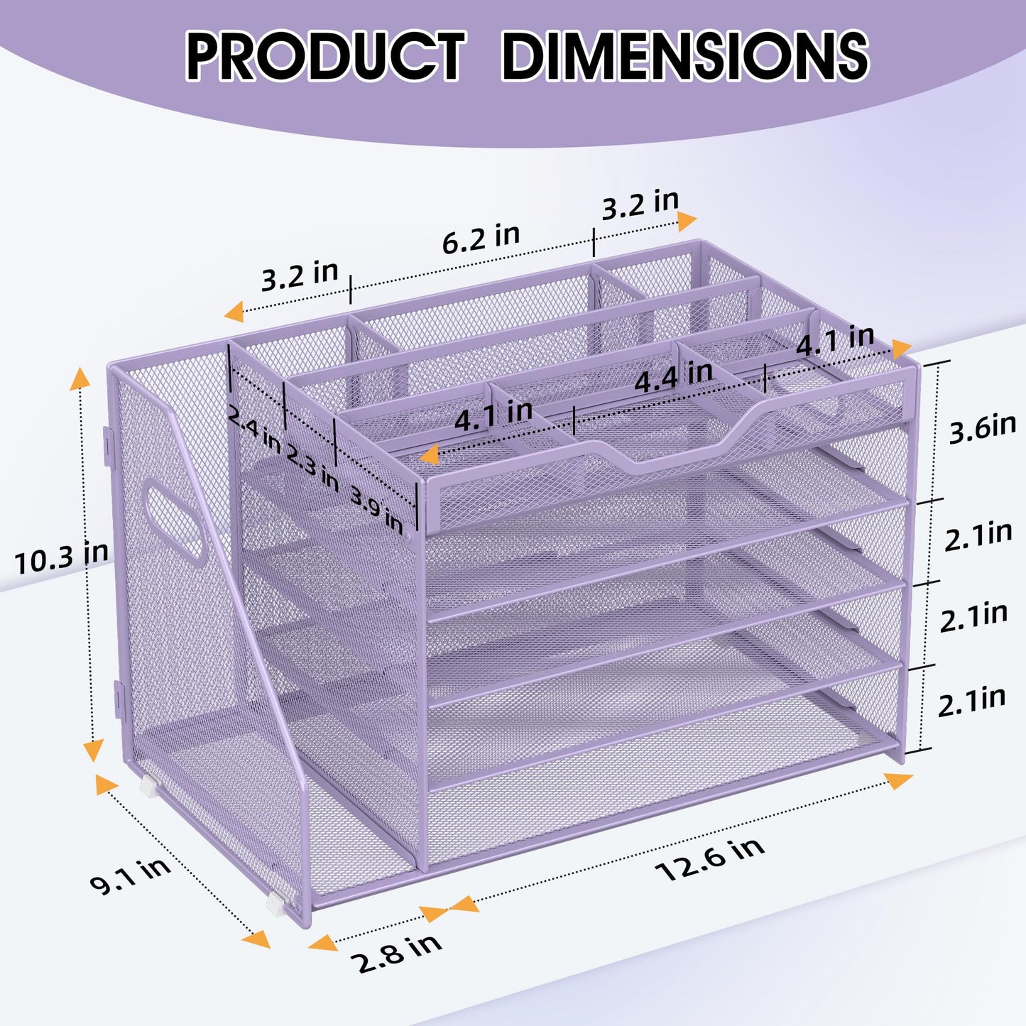 OrgMate 5 Tier Paper Letter Tray with File Holder and 3 Drop-in Pen Holders, Mesh Desk File Organizer with Handle, Desk Organizers and Accessories for School,Home, Office Supplies Storage-Purple