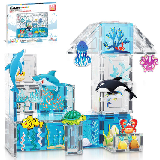 PicassoTiles Magnet Tiles Magnetic Building Blocks Aquarium Marine Animal Theme Set with 8 Character Action Figures Shark Crab Turtle STEM Toys Construction Preschool Toddlers Kids Boys Girls 3+ PTQ15