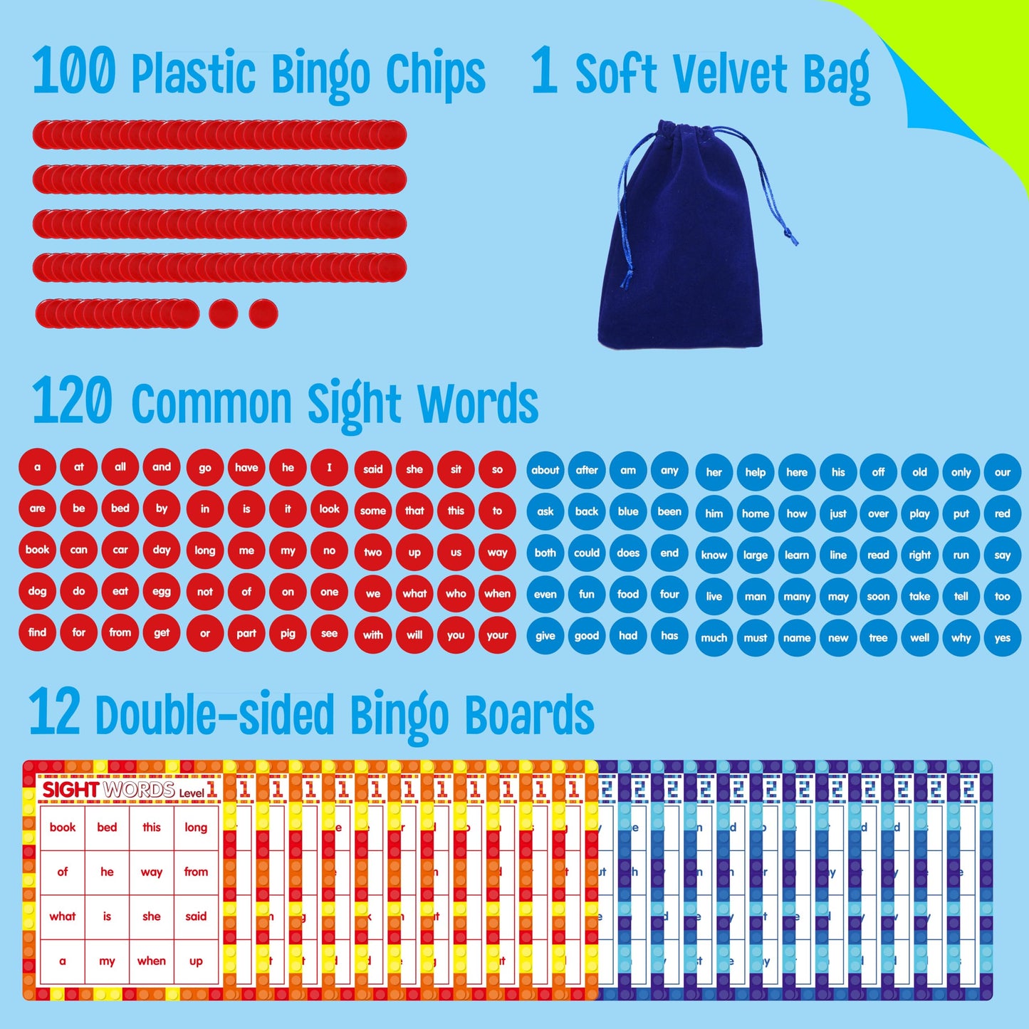 SpriteGru Sight Word Bingo Game, 120 Sight Words Learn to Read Level 1 & Level 2 Bingo Board Game Dolch's & Fry's Words Lists for Kindergarten and Preschool Kids 4-8, Perfect for Classroom & at Home