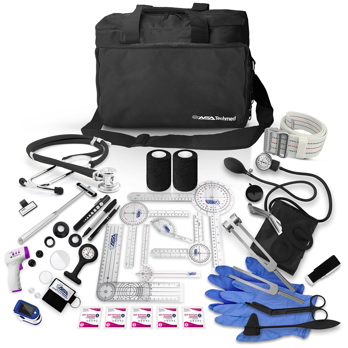 ASA TECHMED Physical Therapy Home Health Aide Comprehensive Kit - Carrying Bag, Blood Pressure Cuff, Stethoscope, Gait Belt - Black