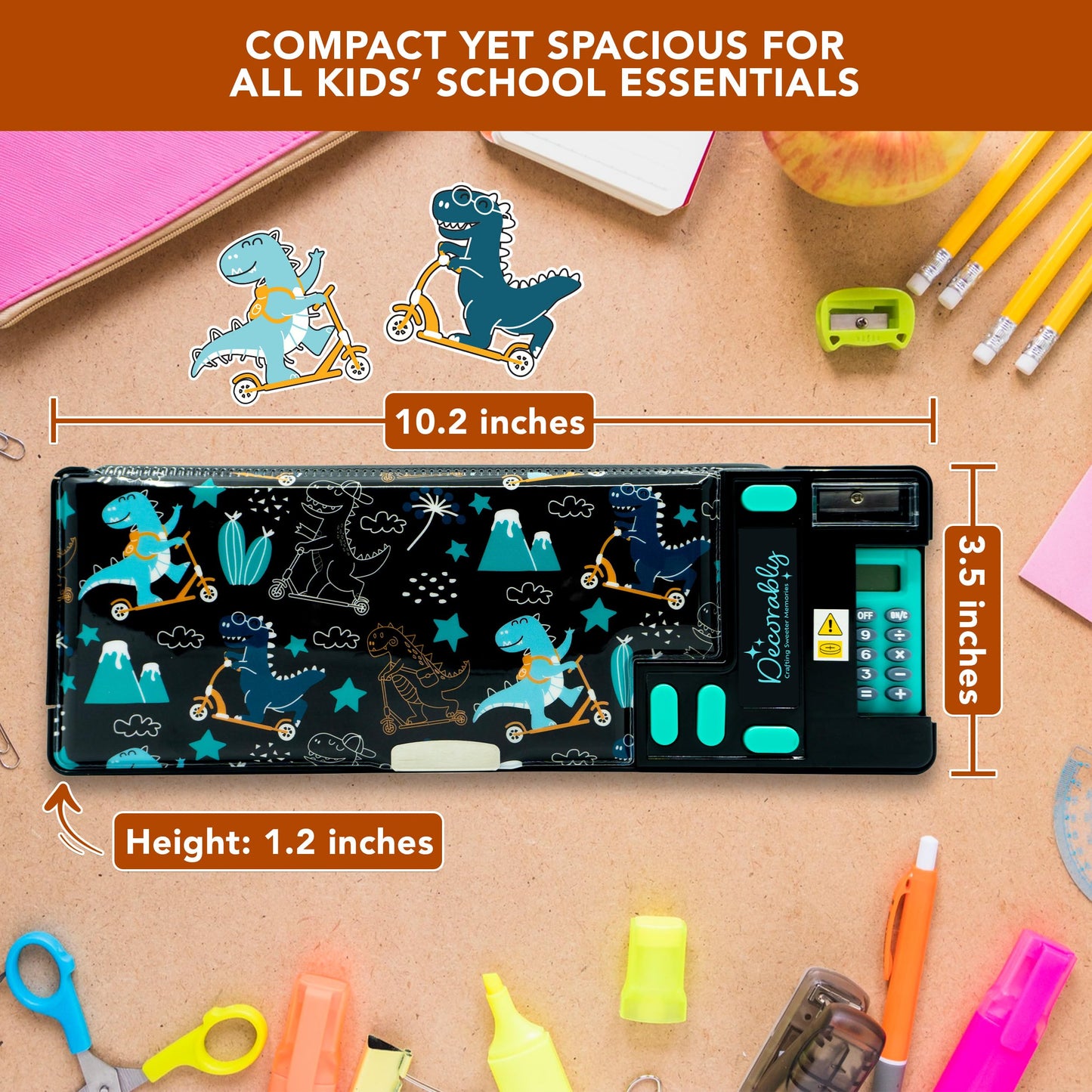 Decorably Pop Up Multifunction Dinosaur Pencil Case with Calculator for Boys, with Sharpener, Pen Slots, Mini Drawer and 2 Main Compartments with Magnetic Closure - Back to School Gift for Kids
