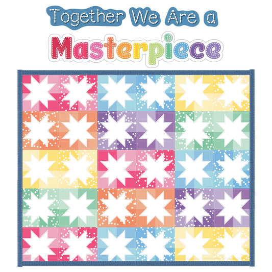 Carson Dellosa Crafty and Cool 54-Piece Together We are a Masterpiece Motivational Bulletin Board Set, Colorful Quilt Squares and Denim Strips Classroom Decor