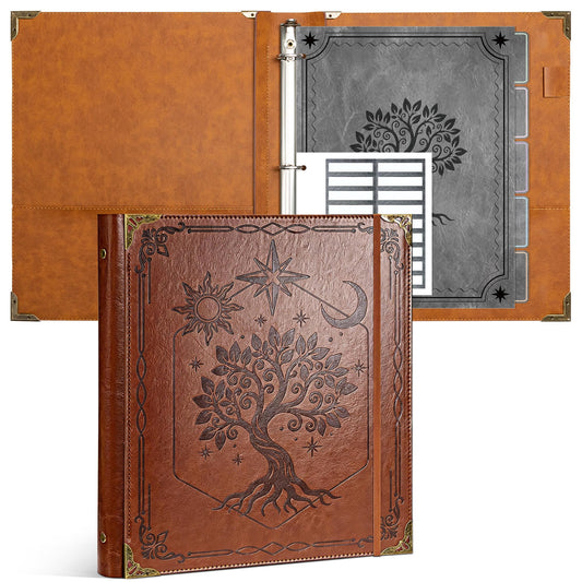 Ospelelf 3 Ring Binder 1 Inch Leather Vintage Hardcover Binder Dividers with Tabs for Letter Size 8.5"x11" Paper, Binder with Pockets for Photo Album, Document Organizer and Family History, Brown Tree