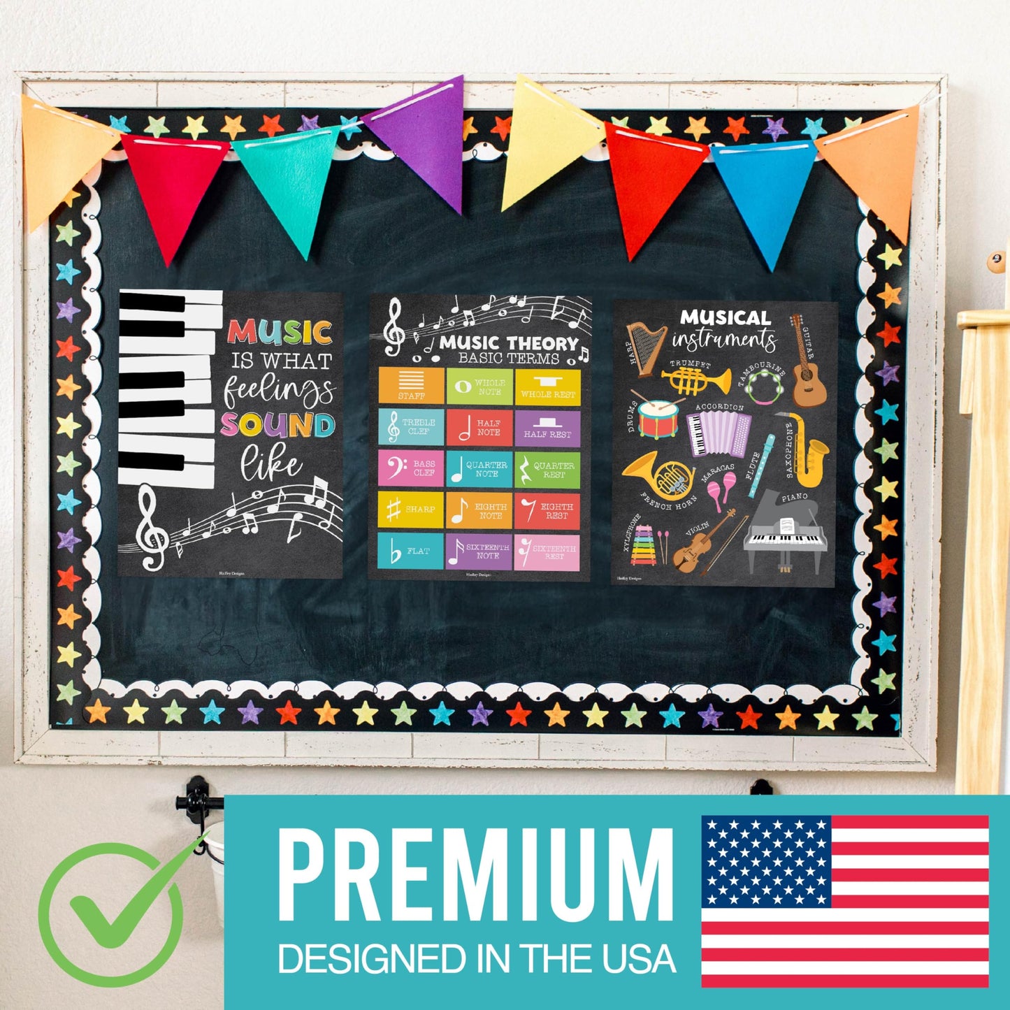 Hadley Designs Music Classroom Decor –9 Music Classroom Posters Elementary, Choir & Solfege Posters, Solfege Hand Signs & Musical Instruments Bulletin Board Decorations, Chalkboard Teacher Must Haves
